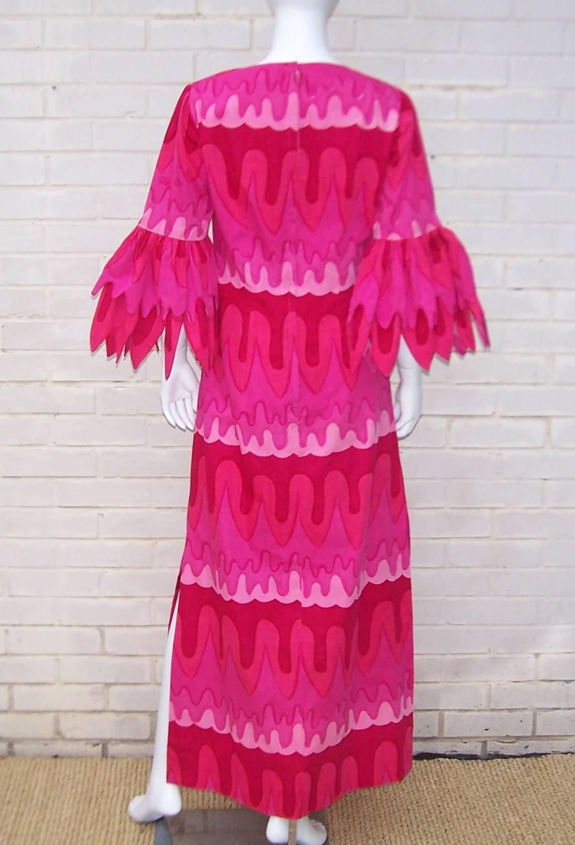 C.1970 Hot Pink Mod Print Maxi Dress With Petal Sleeves 1