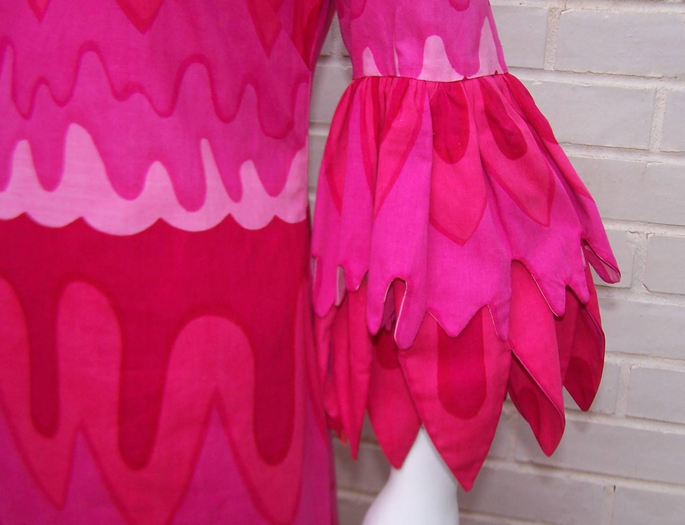 C.1970 Hot Pink Mod Print Maxi Dress With Petal Sleeves 3