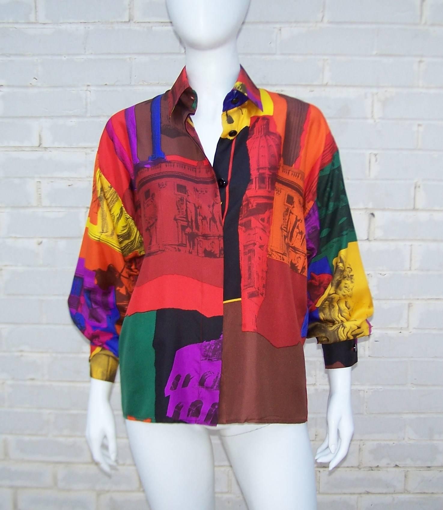 This silk Genny blouse has images of neoclassical architecture washed with vibrant colors reminiscent of Andy Warhol's pop art style.  It is an easy to wear box shape with hidden buttons at the front and slightly blousoned sleeves.  Everyone needs a