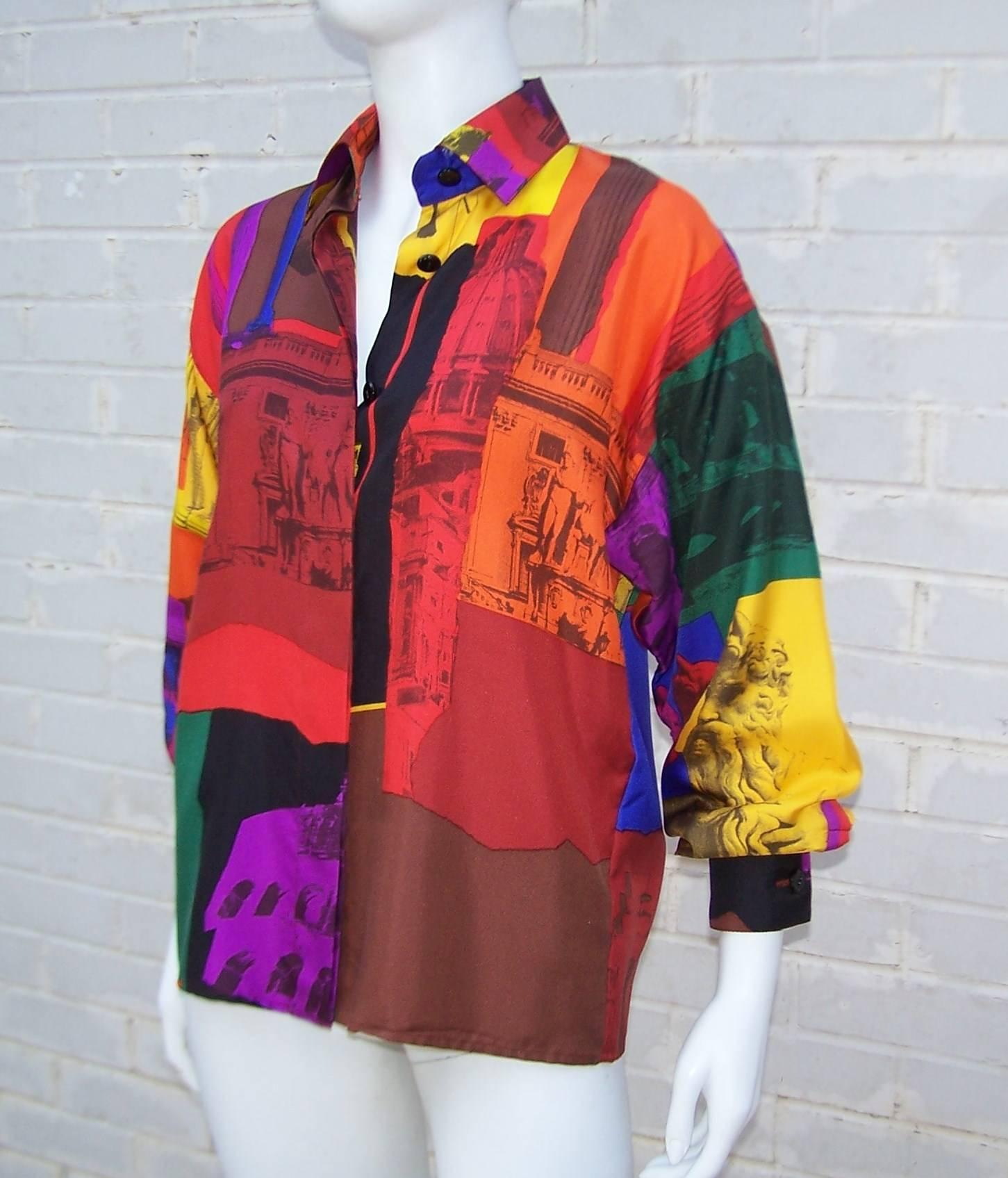 Brown C.1980 Colorful Genny Pop Art Style Silk Blouse