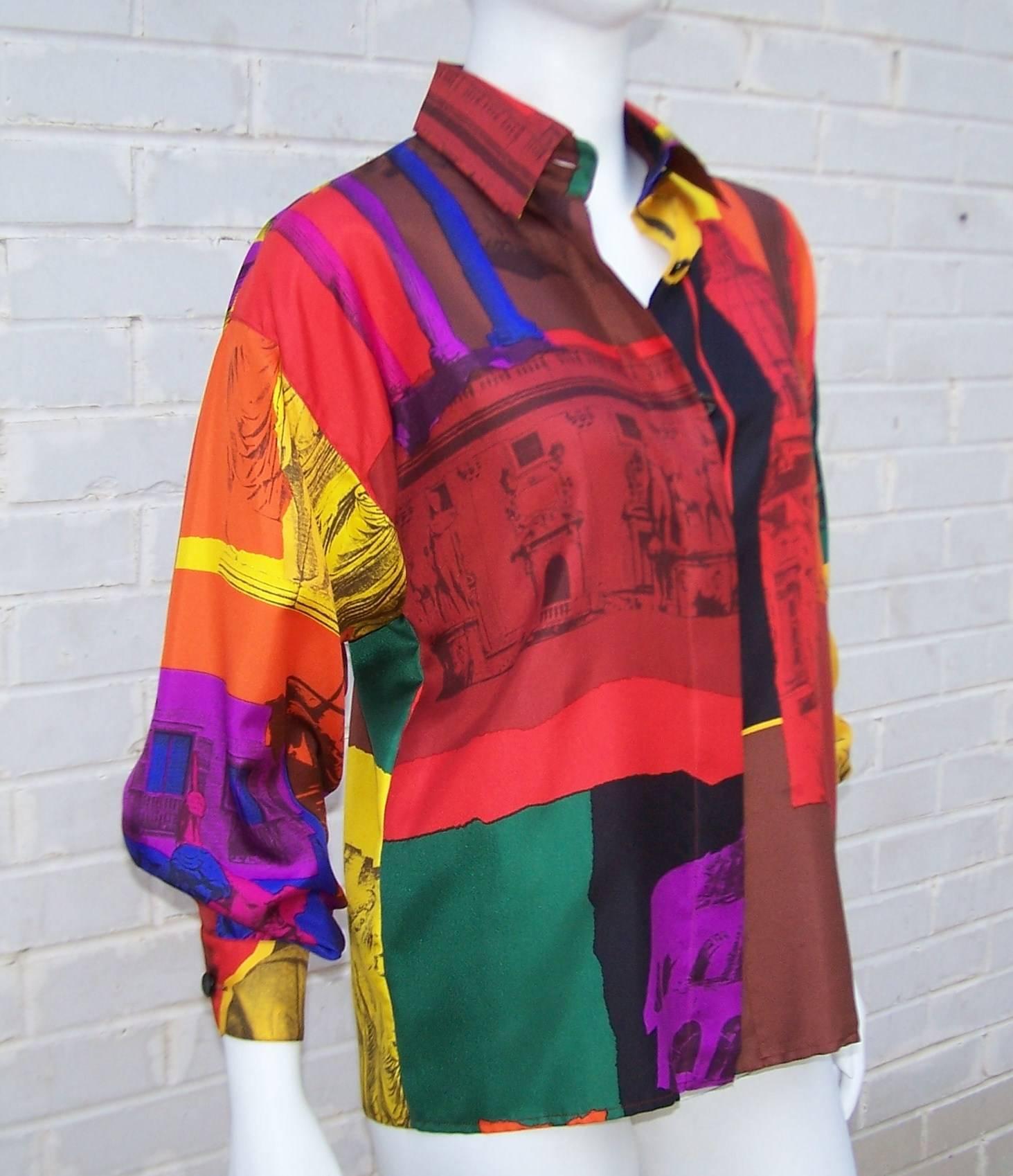 C.1980 Colorful Genny Pop Art Style Silk Blouse In Excellent Condition In Atlanta, GA