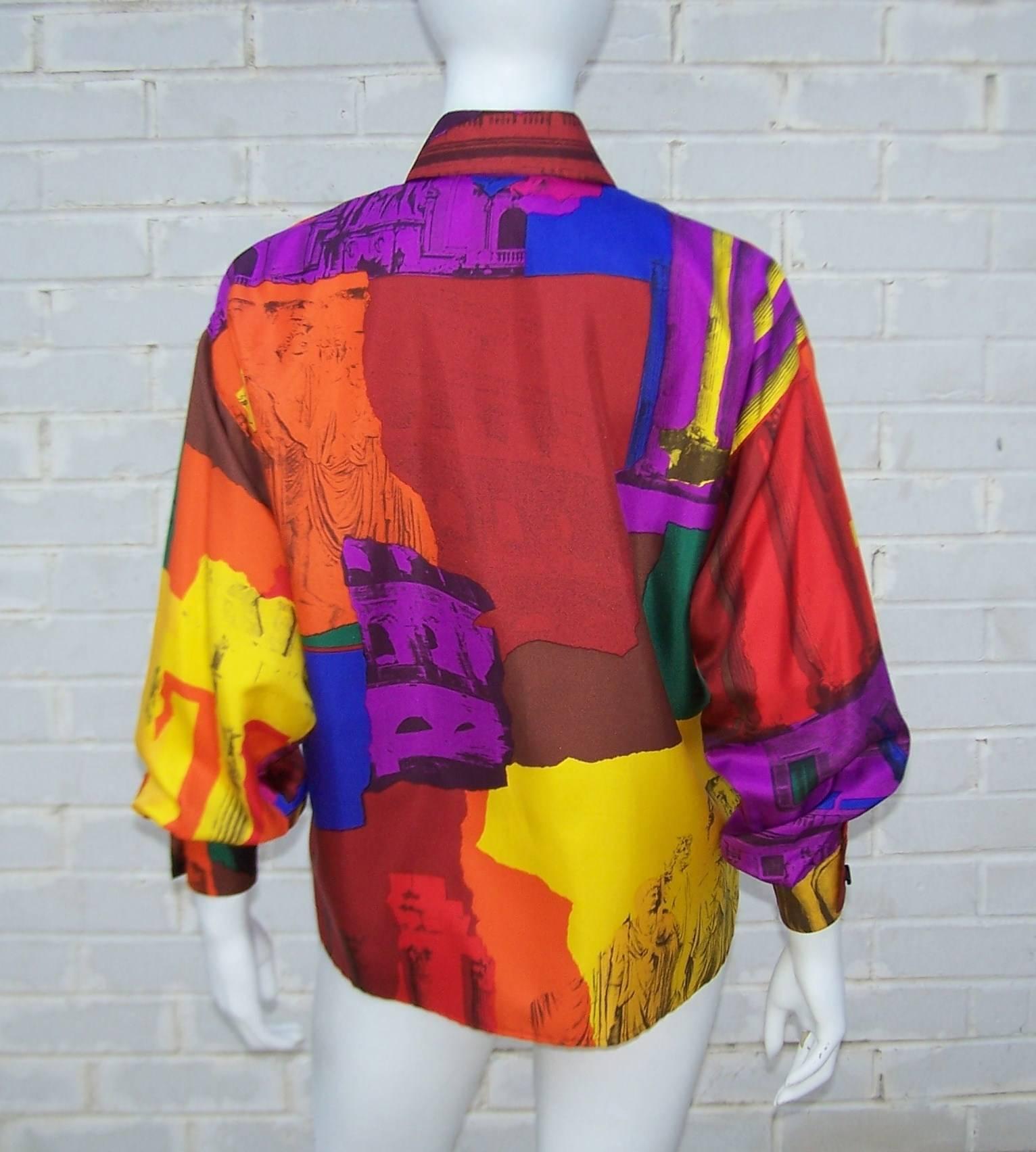 Women's C.1980 Colorful Genny Pop Art Style Silk Blouse