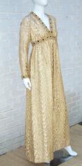 C.1970 Anne Fogarty Gold Moire Style Empire Dress With Velvet & Rhinestone Trim
