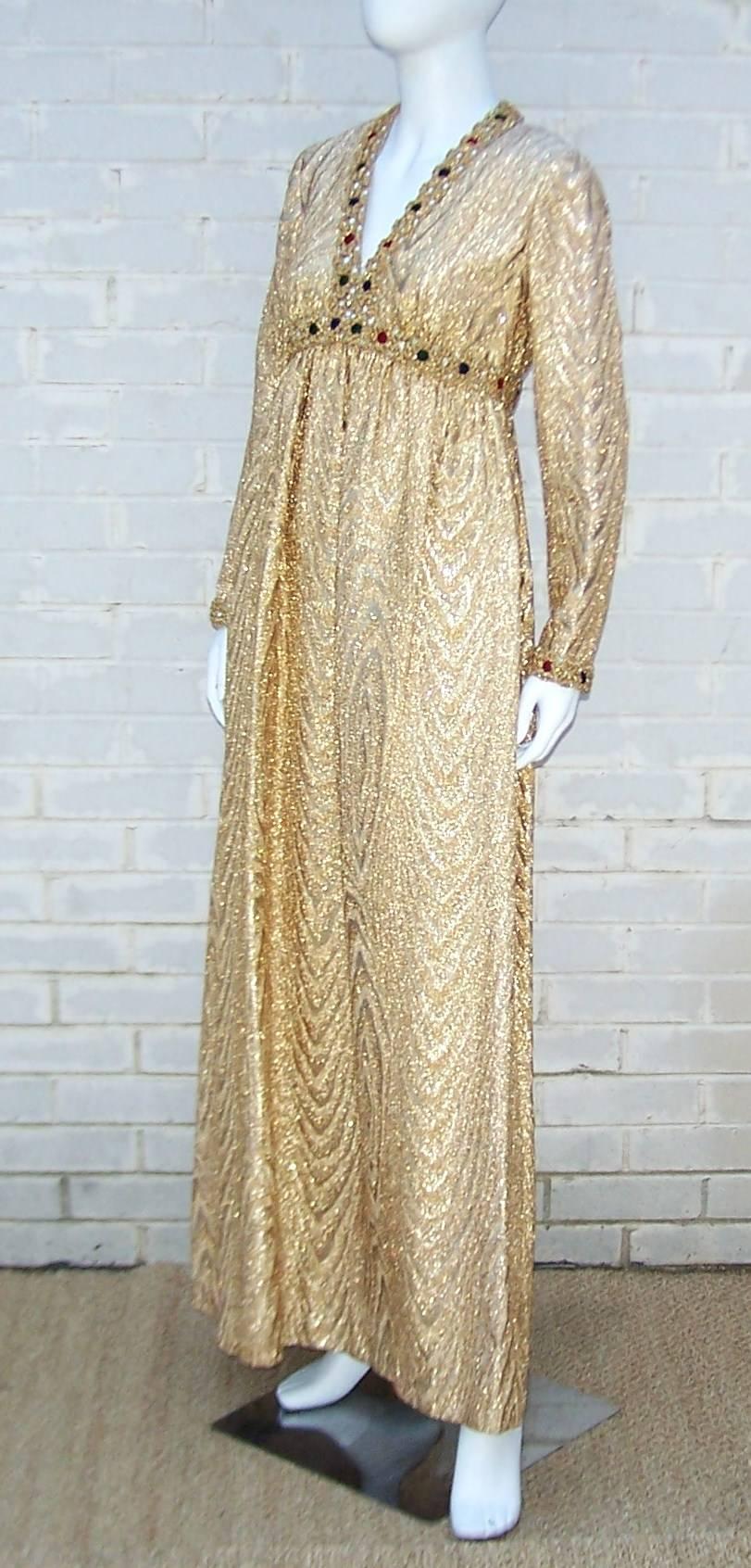 C.1970 Anne Fogarty Gold Moire Style Empire Dress With Velvet & Rhinestone Trim In Excellent Condition In Atlanta, GA