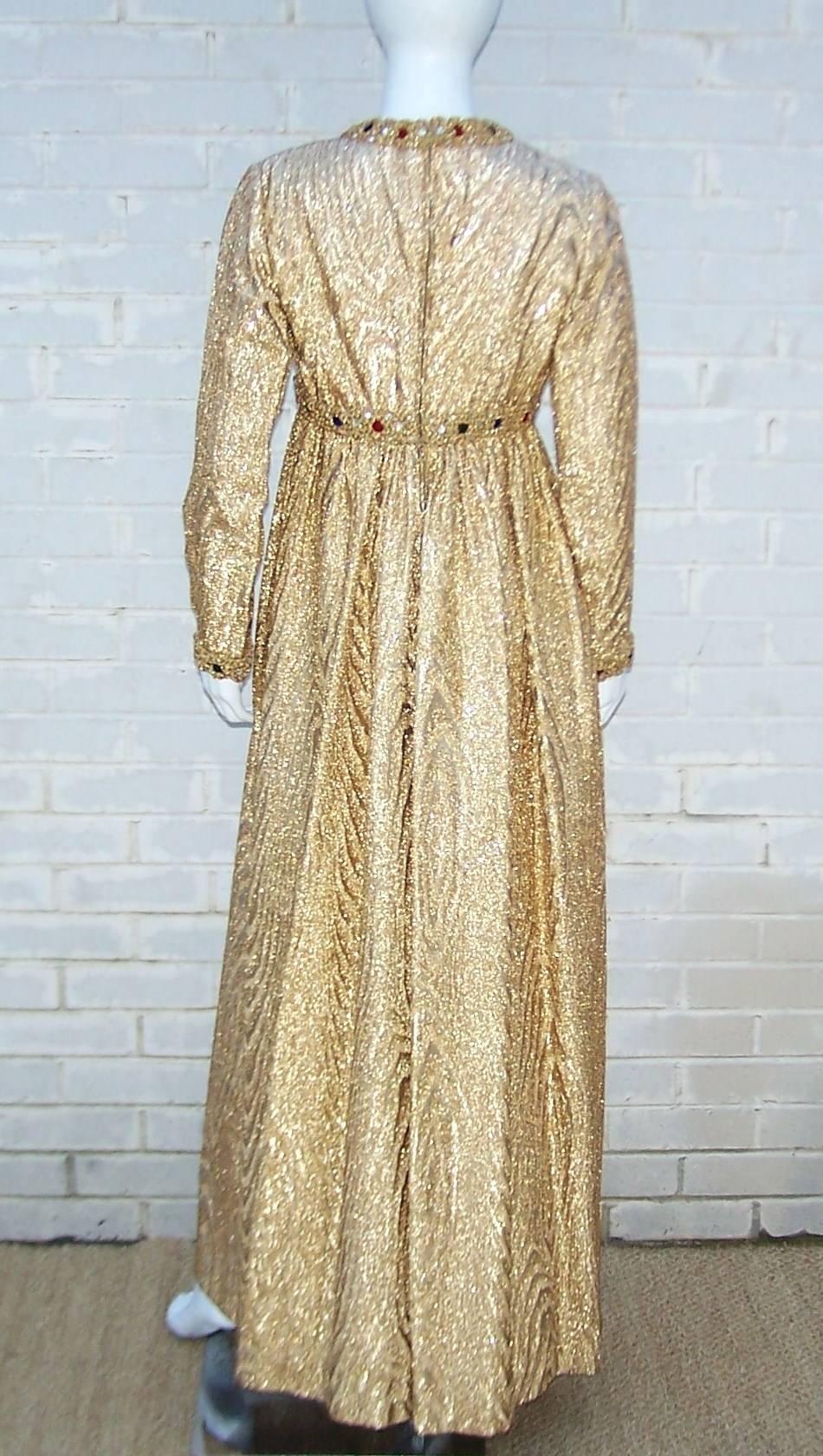 Women's C.1970 Anne Fogarty Gold Moire Style Empire Dress With Velvet & Rhinestone Trim