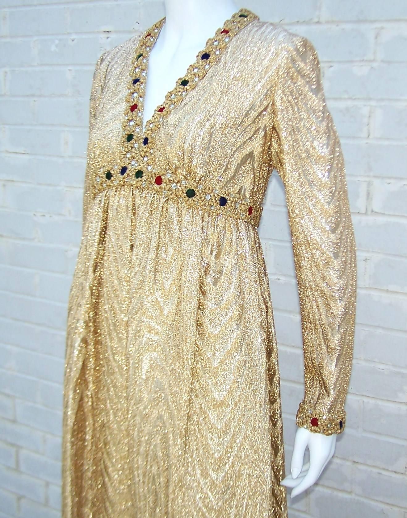 C.1970 Anne Fogarty Gold Moire Style Empire Dress With Velvet & Rhinestone Trim 3