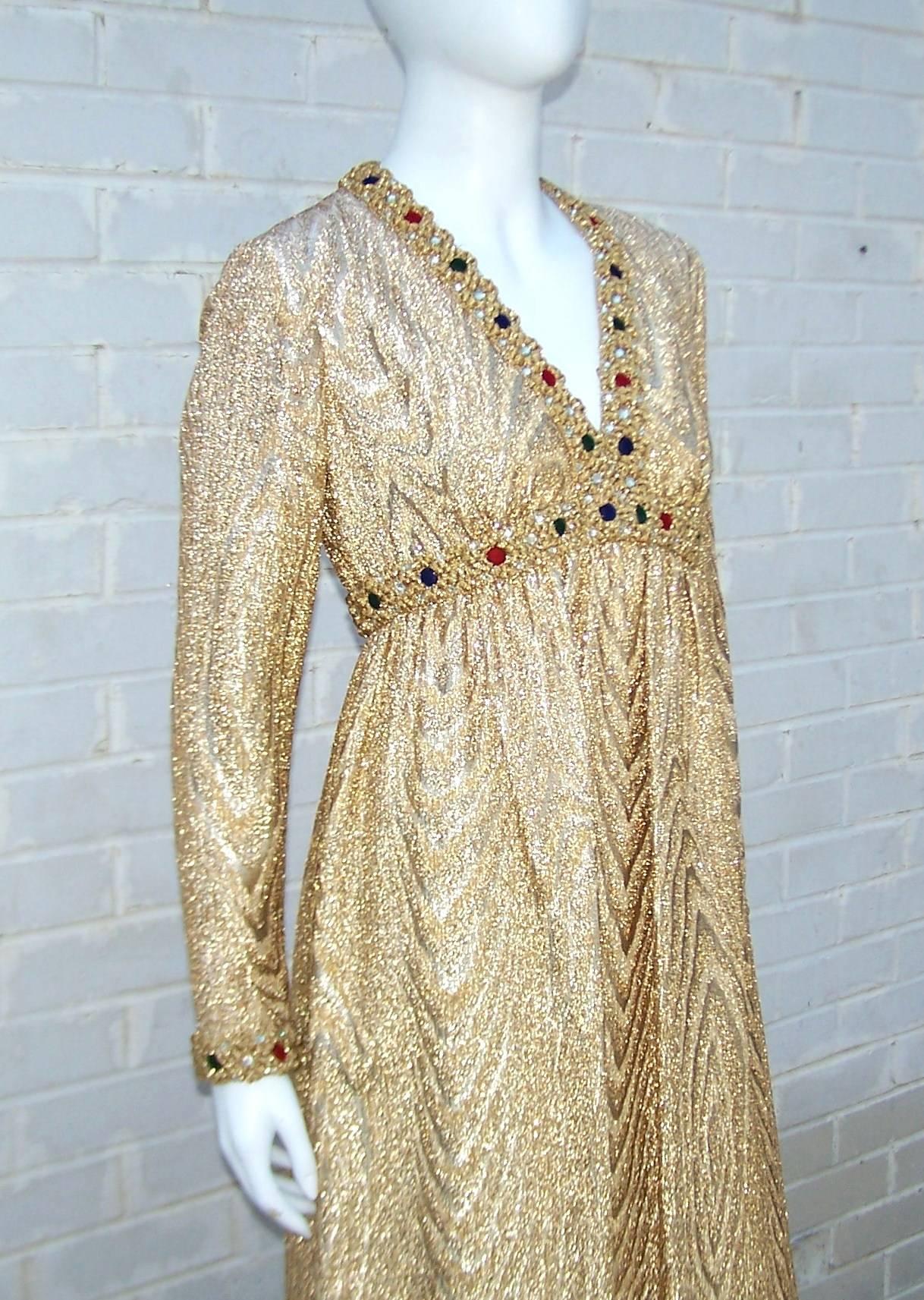 C.1970 Anne Fogarty Gold Moire Style Empire Dress With Velvet & Rhinestone Trim 4