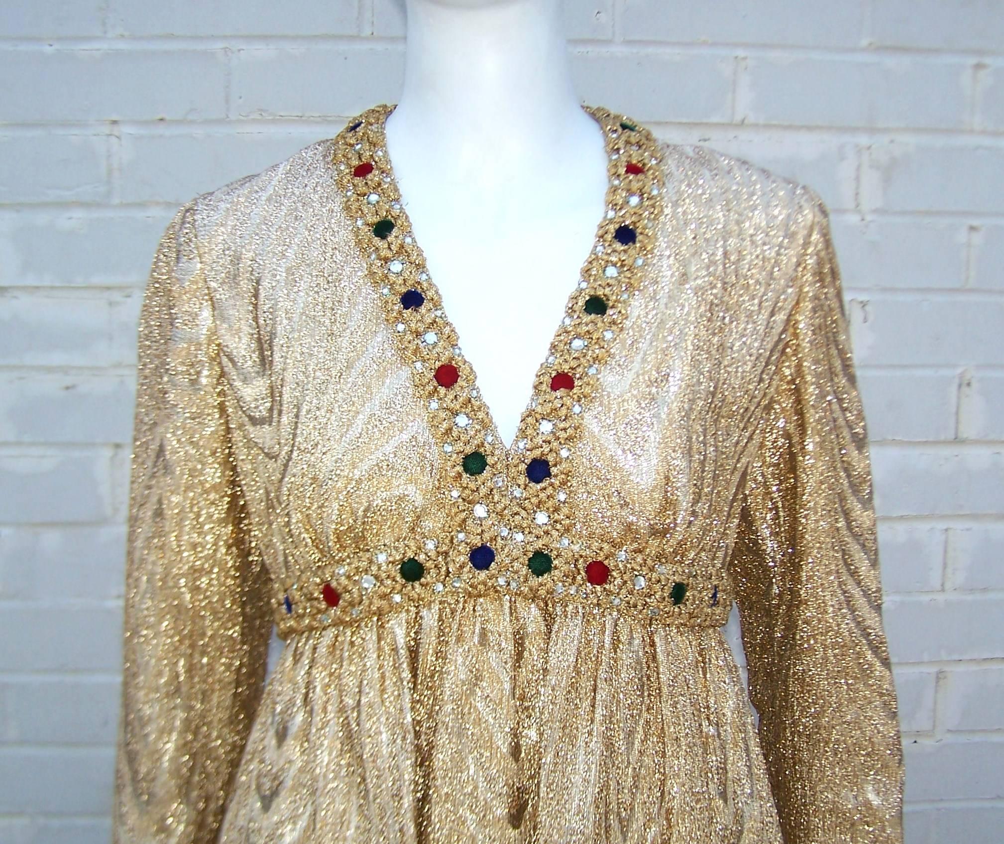 C.1970 Anne Fogarty Gold Moire Style Empire Dress With Velvet & Rhinestone Trim 1