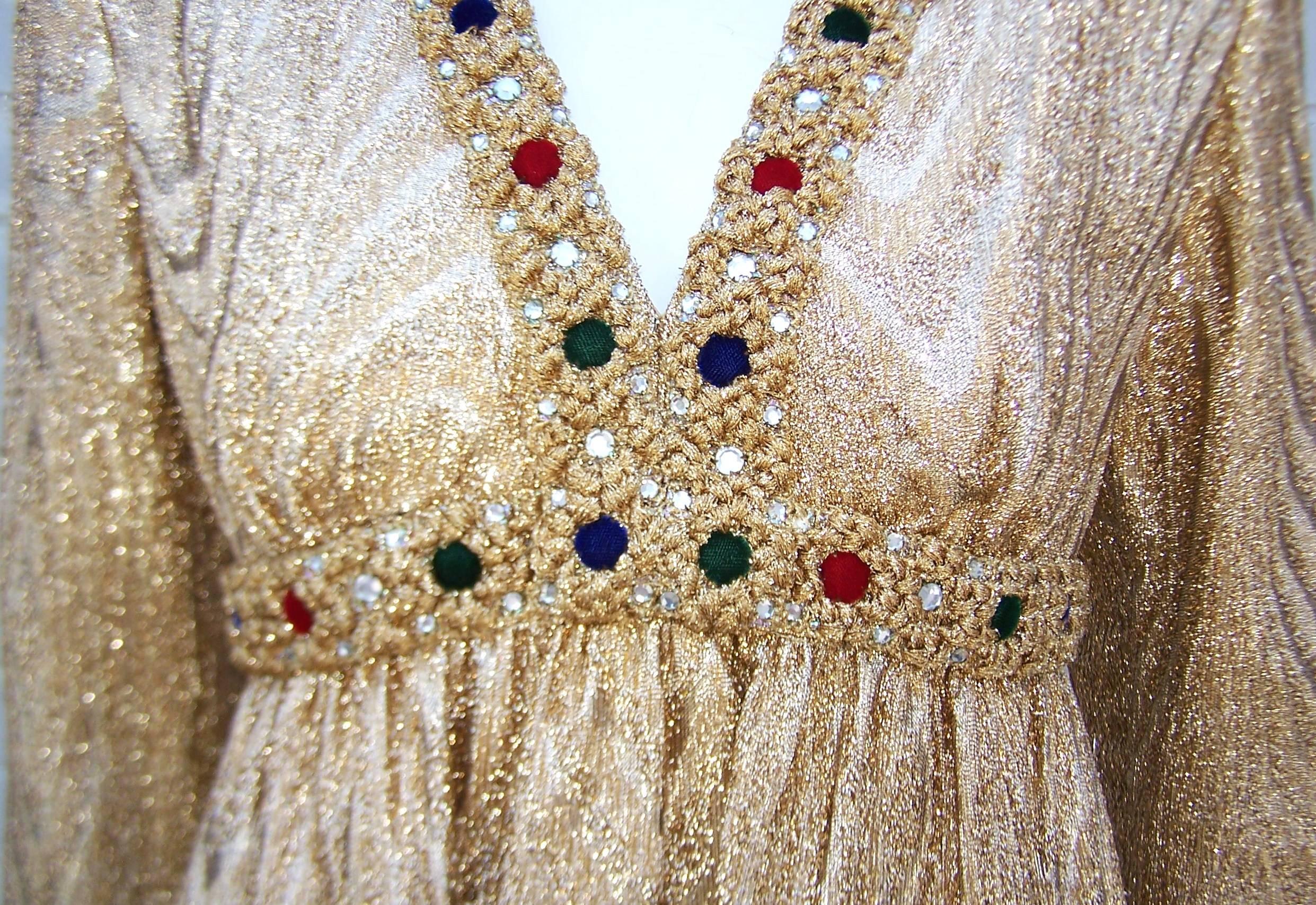 C.1970 Anne Fogarty Gold Moire Style Empire Dress With Velvet & Rhinestone Trim 2