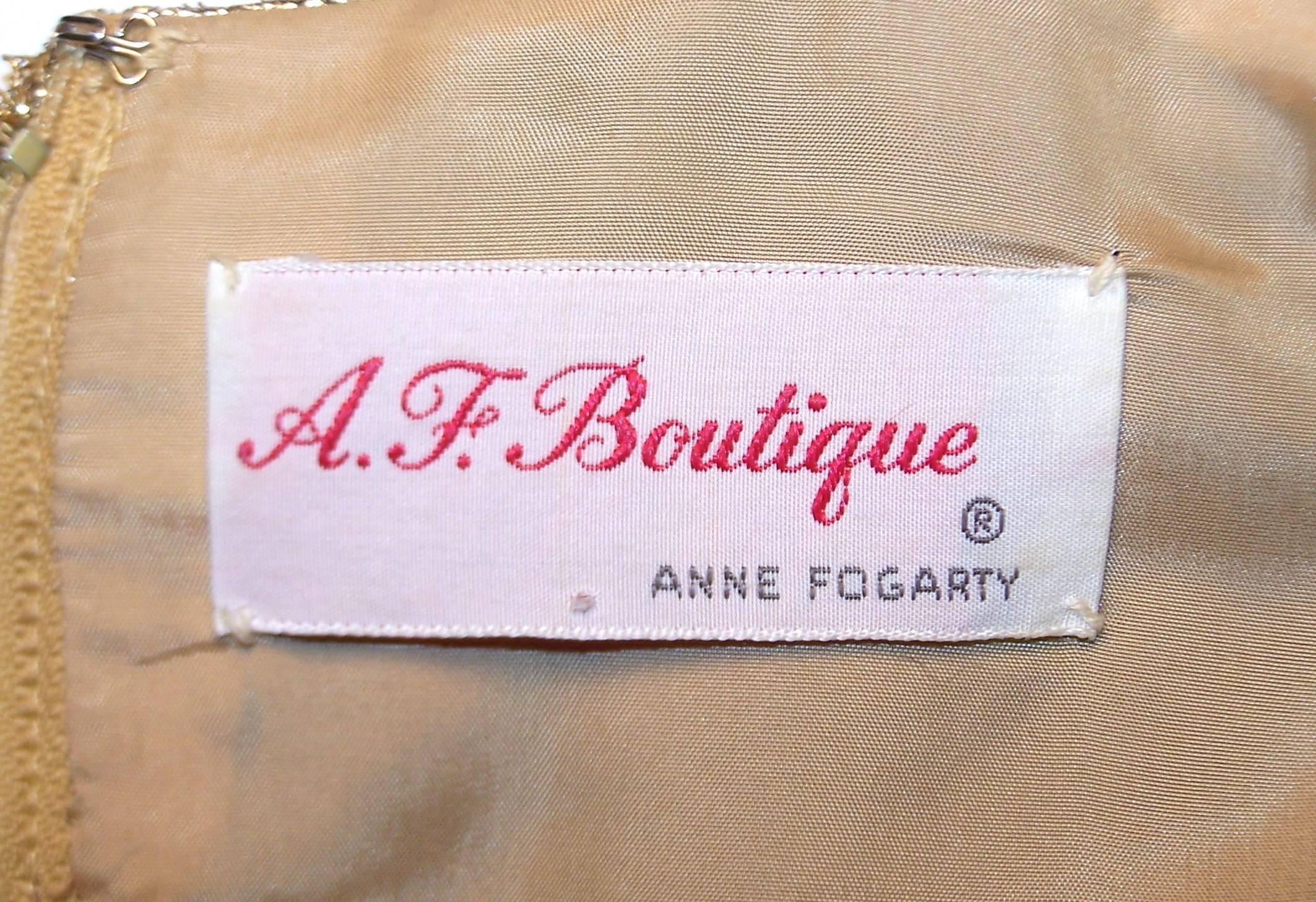 C.1970 Anne Fogarty Gold Moire Style Empire Dress With Velvet & Rhinestone Trim 6