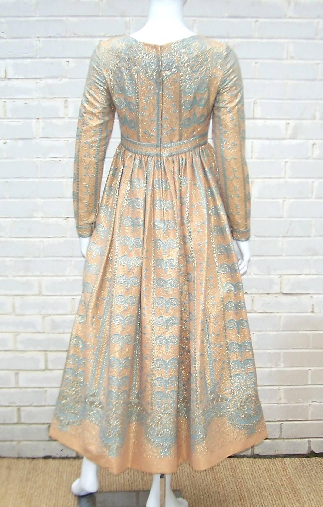 Beige C.1970 Jeannene Booher Mughal Inspired Metallic Brocade Empire Waist Dress