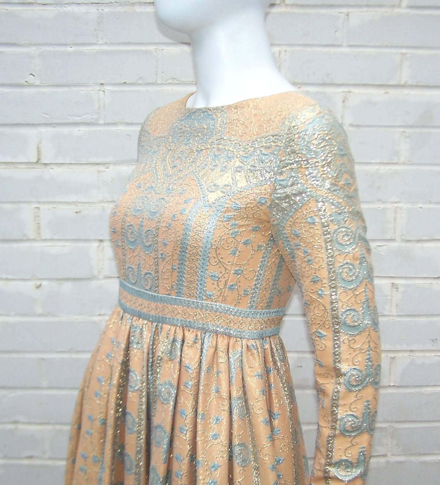 Women's C.1970 Jeannene Booher Mughal Inspired Metallic Brocade Empire Waist Dress