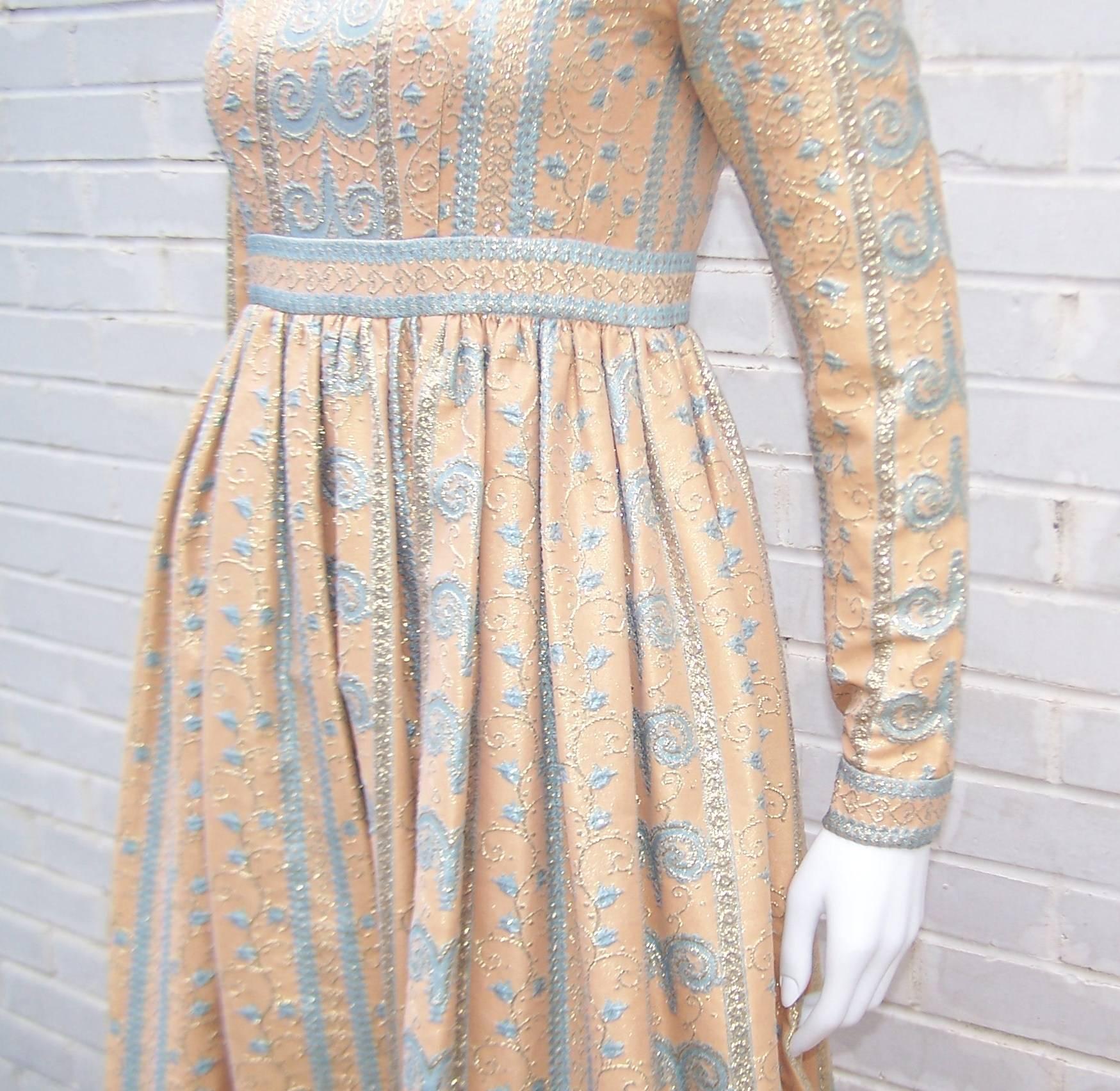 C.1970 Jeannene Booher Mughal Inspired Metallic Brocade Empire Waist Dress 1