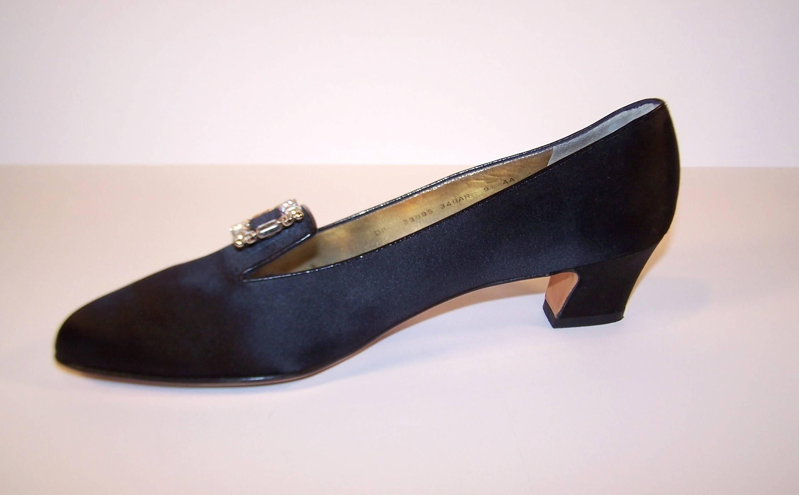 1980's Salvatore Ferragamo Edwardian Style Black Satin Evening Shoes  In Excellent Condition In Atlanta, GA