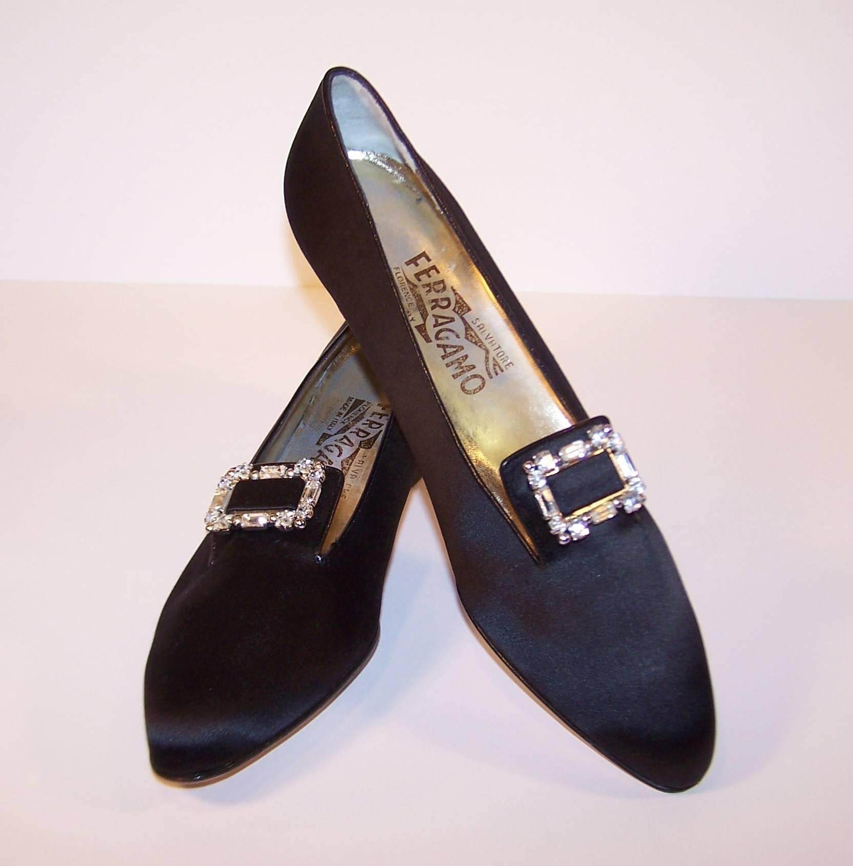 1980's Salvatore Ferragamo Edwardian Style Black Satin Evening Shoes  3