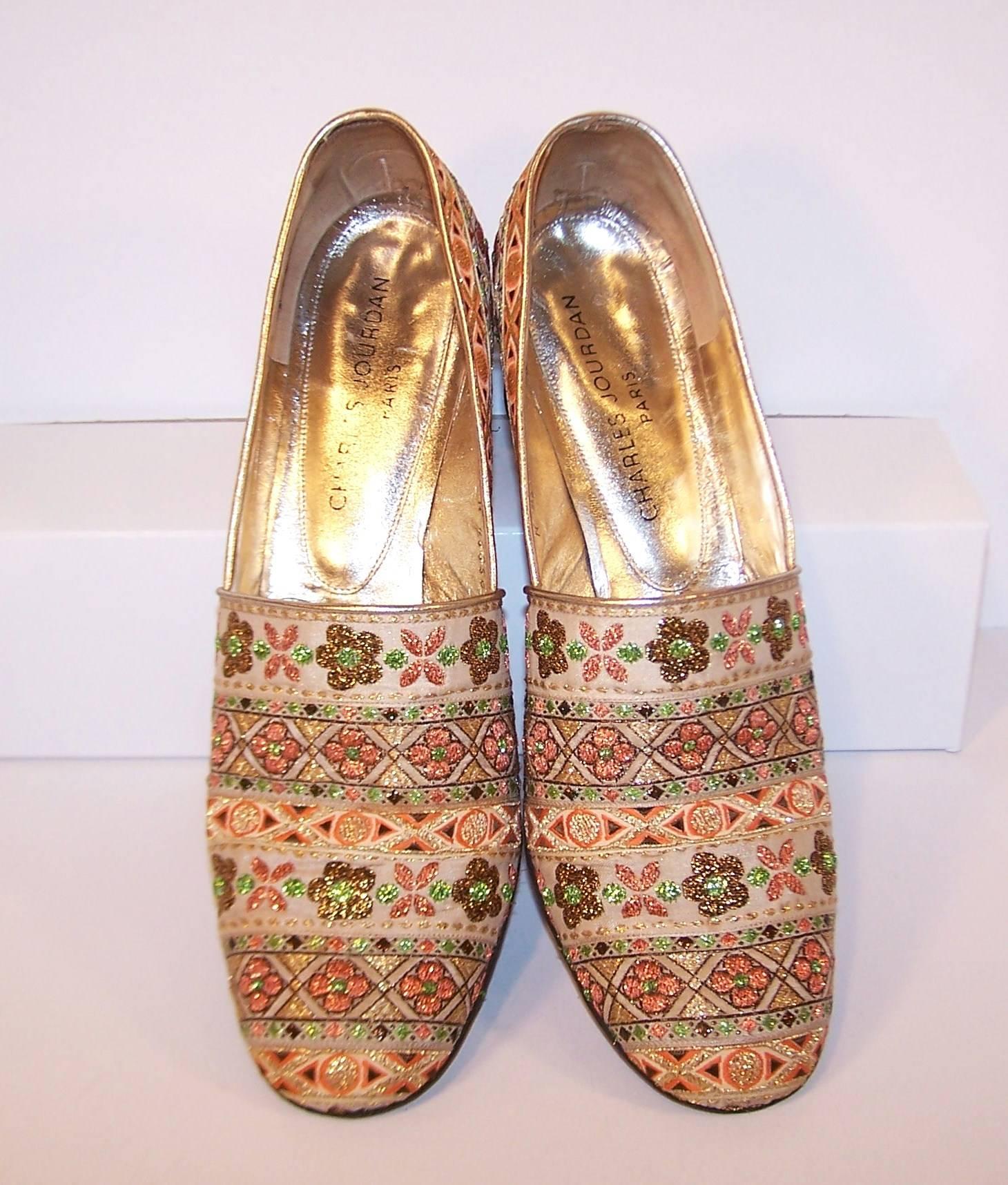 Brown 1960's Charles Jourdan Gold Metallic Brocade Fabric Shoes