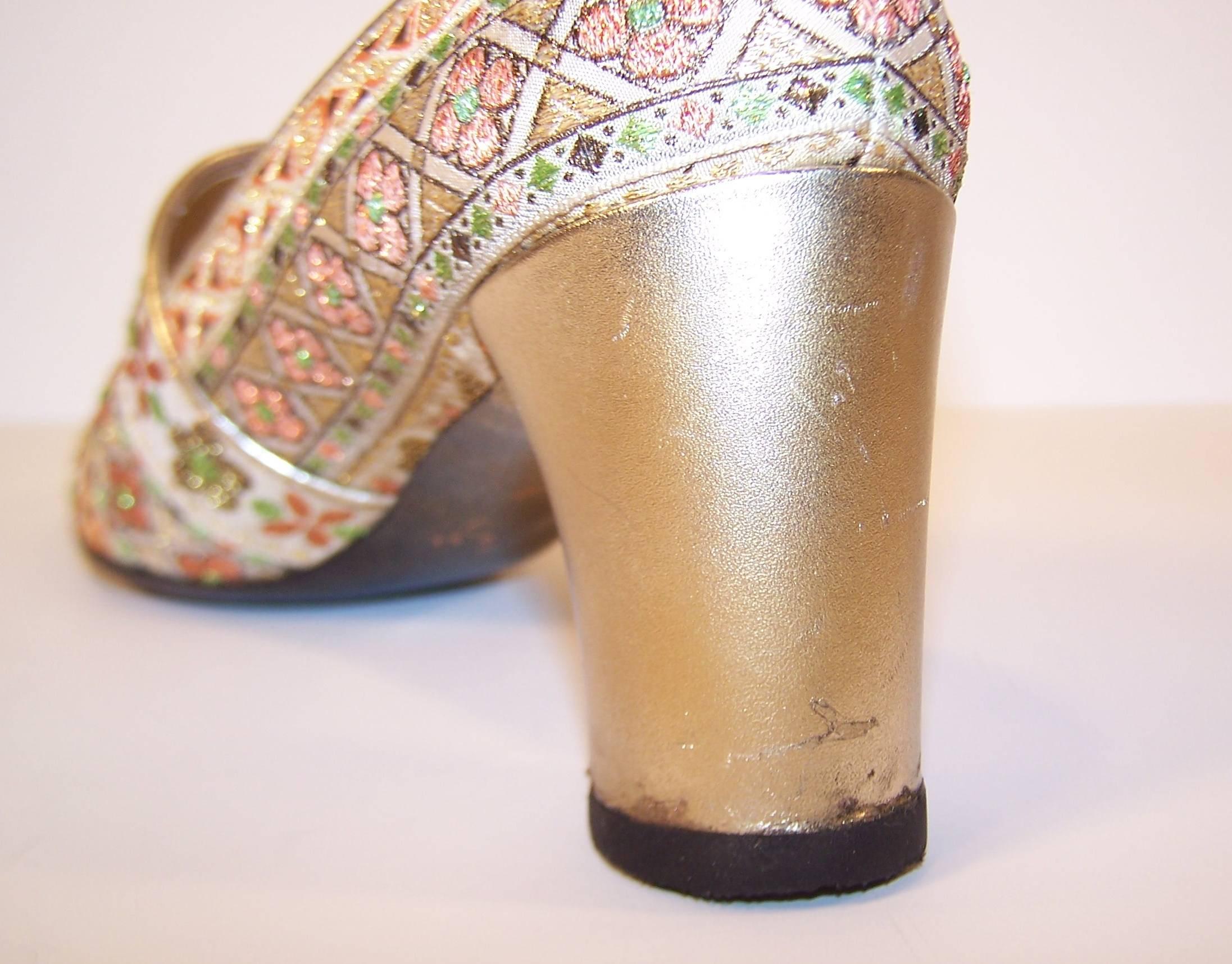 1960's Charles Jourdan Gold Metallic Brocade Fabric Shoes 3