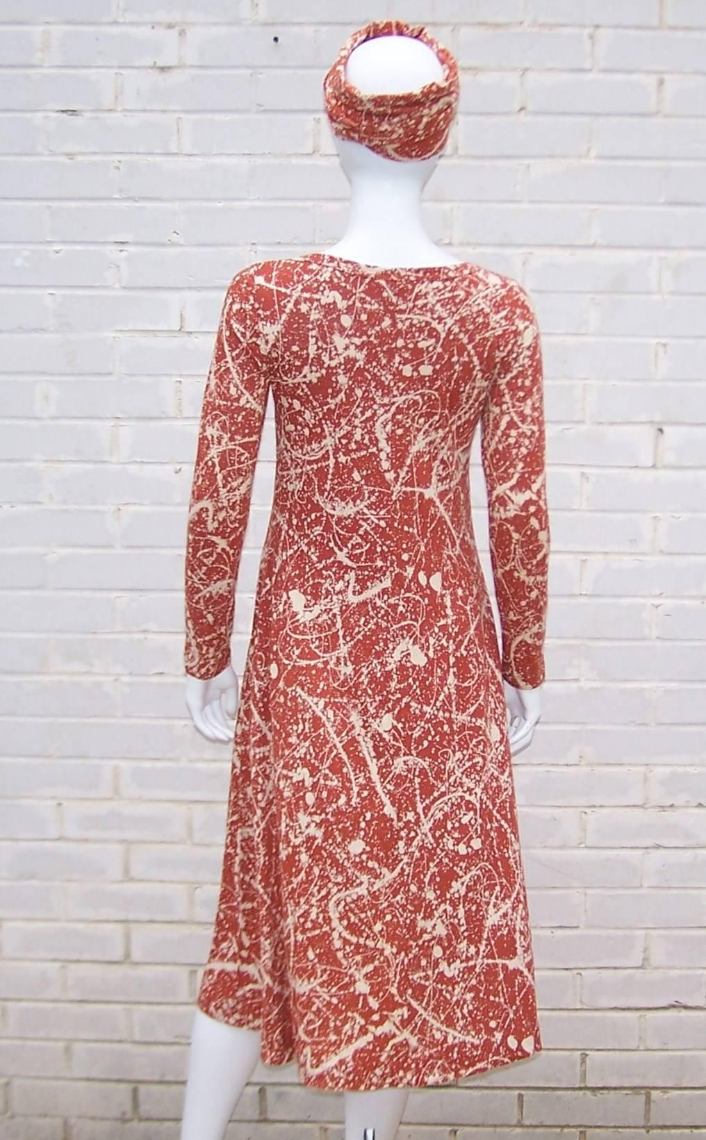 Pink 1970's Diane Von Furstenberg Splatter Print Knit Dress With Scarf Sash