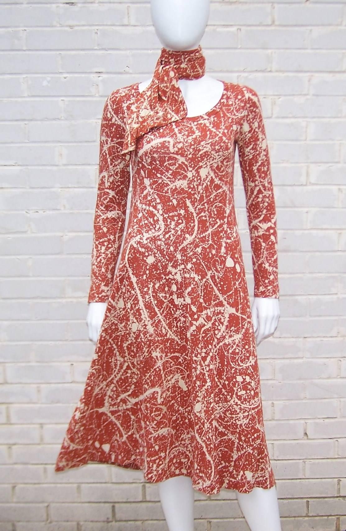 1970's Diane Von Furstenberg Splatter Print Knit Dress With Scarf Sash In Excellent Condition In Atlanta, GA