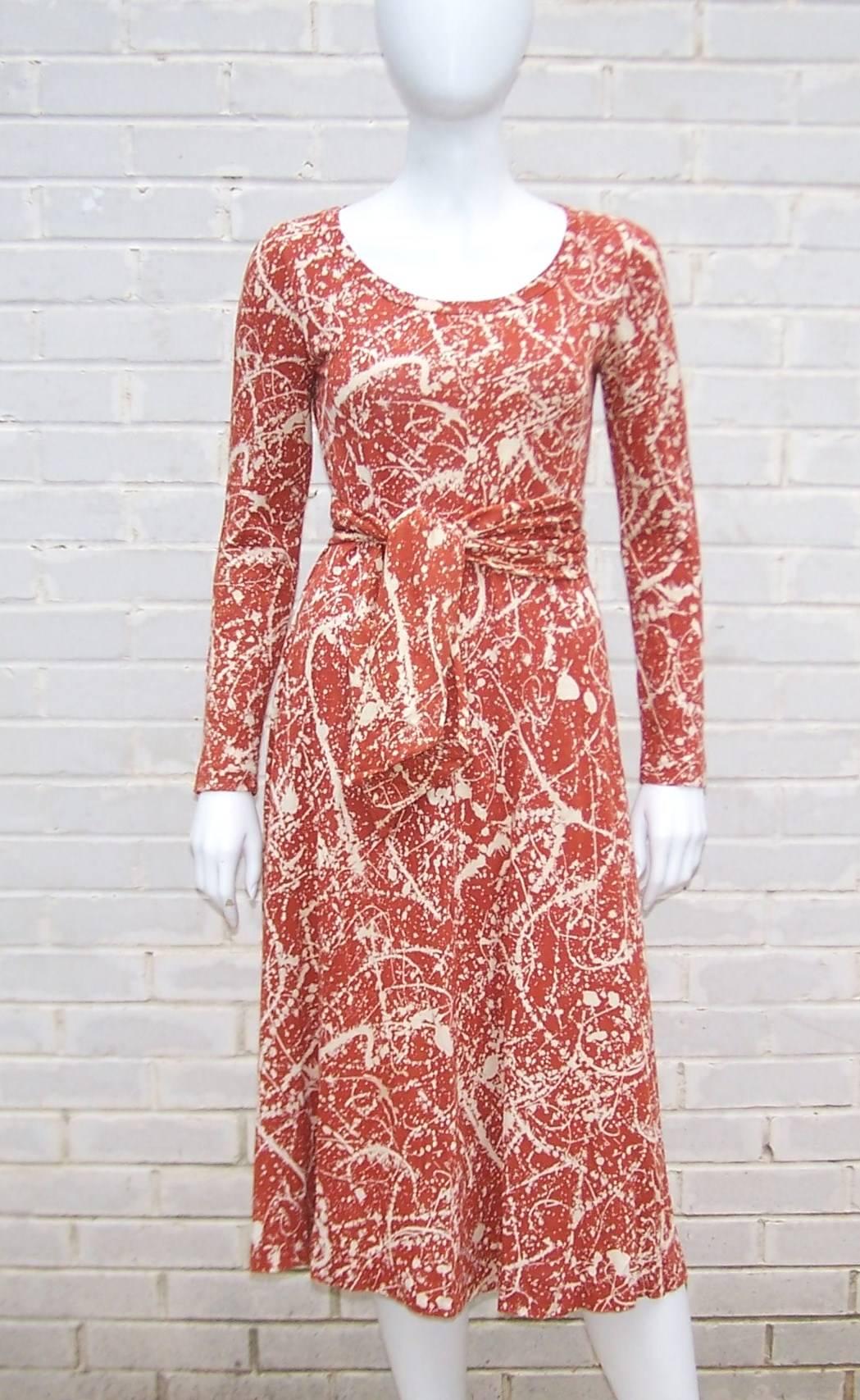 Women's 1970's Diane Von Furstenberg Splatter Print Knit Dress With Scarf Sash