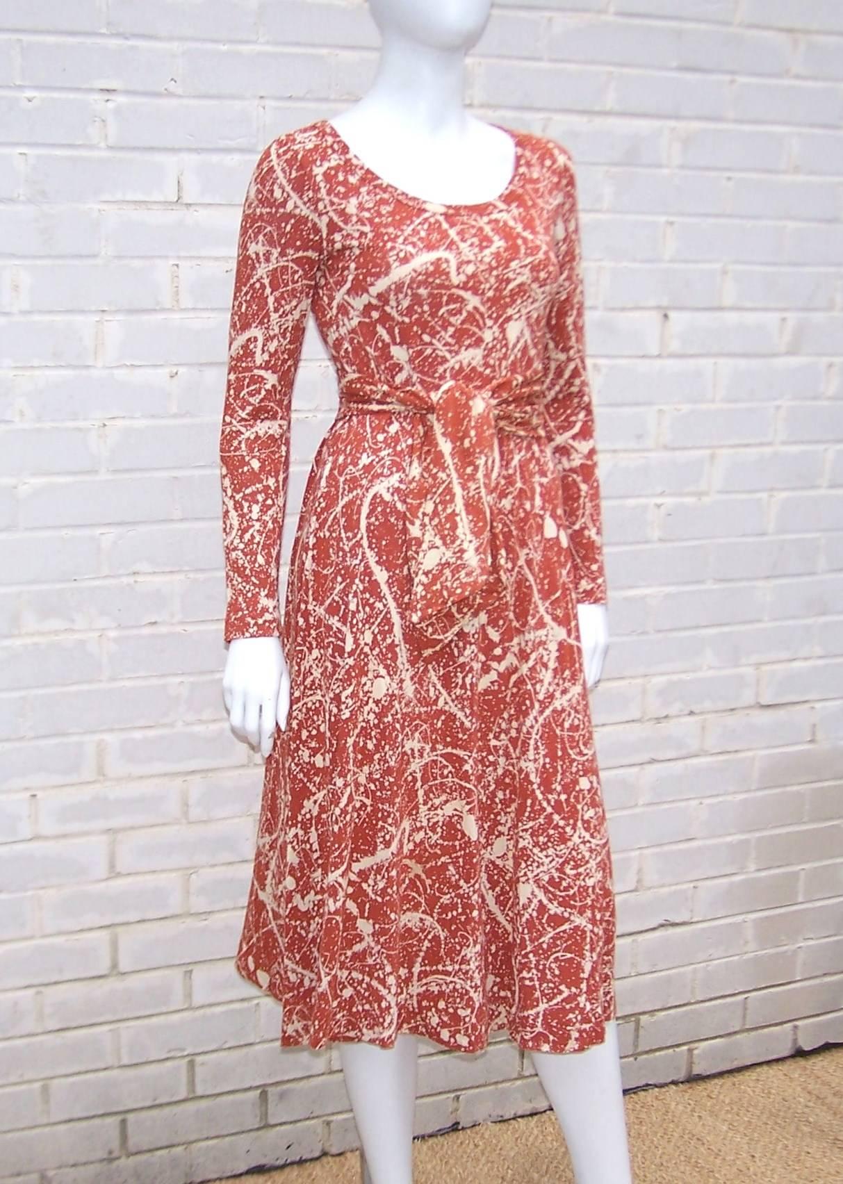1970's Diane Von Furstenberg Splatter Print Knit Dress With Scarf Sash 1