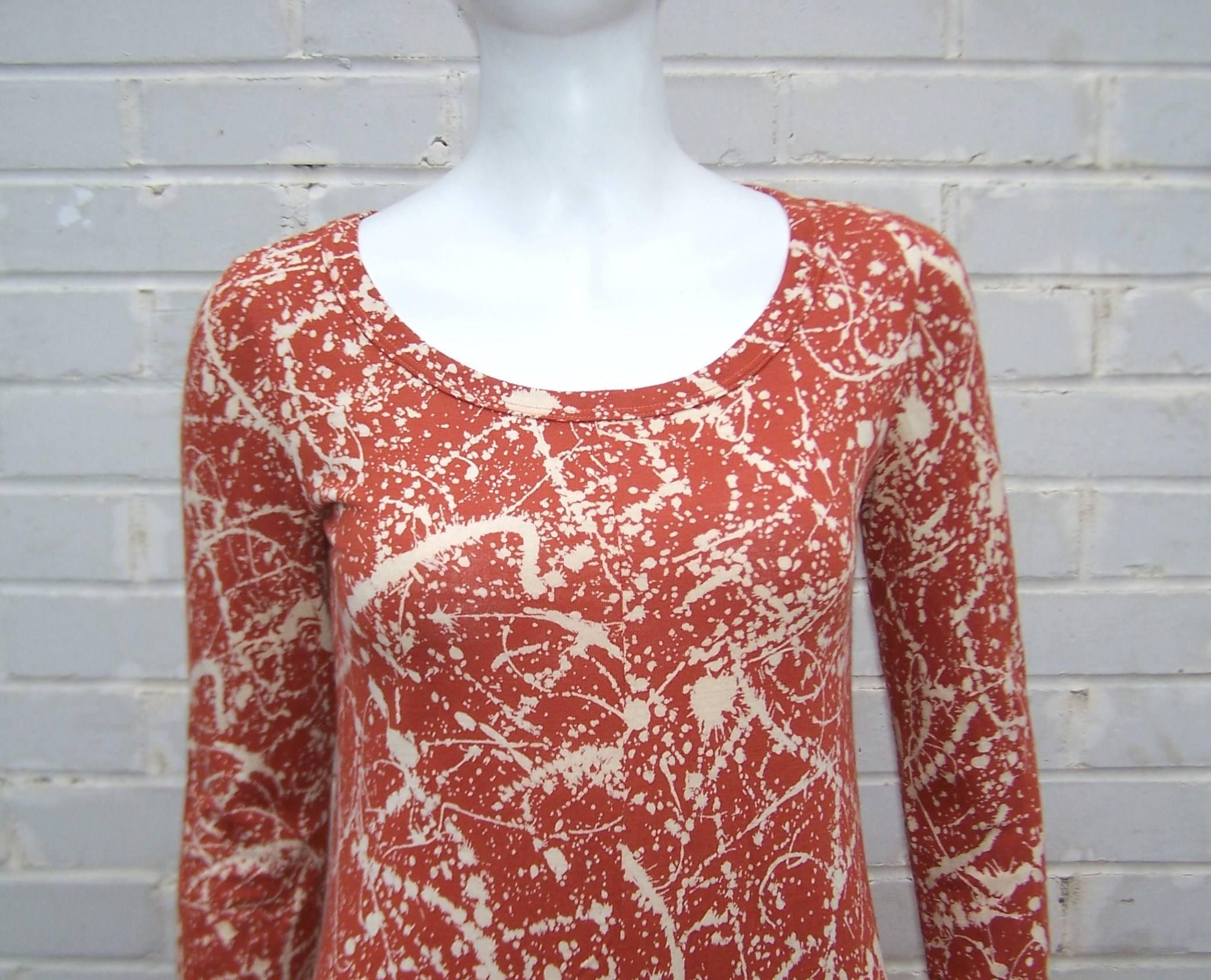 1970's Diane Von Furstenberg Splatter Print Knit Dress With Scarf Sash 3