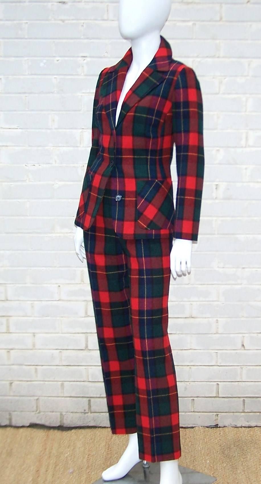 Take this classic plaid 100% wool pant suit by Pendleton Mills and turn it Ralph Lauren all-American or Vivienne Westwood London punk with accessories and attitude.  Both pieces are fun worn as separates or together for a tartan eyeful.  The jacket