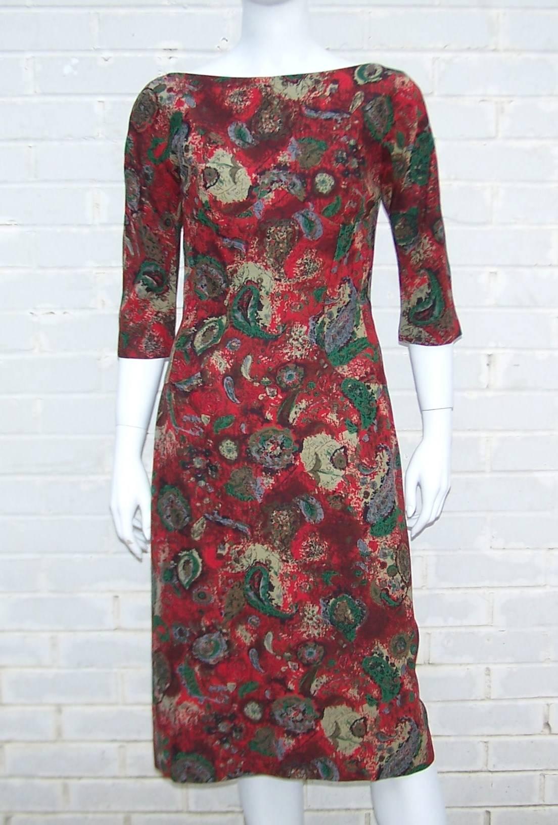 Brown 1950's Suzy Perette Abstract Paisley Print Dress With Bustle Kick Pleat & Hat