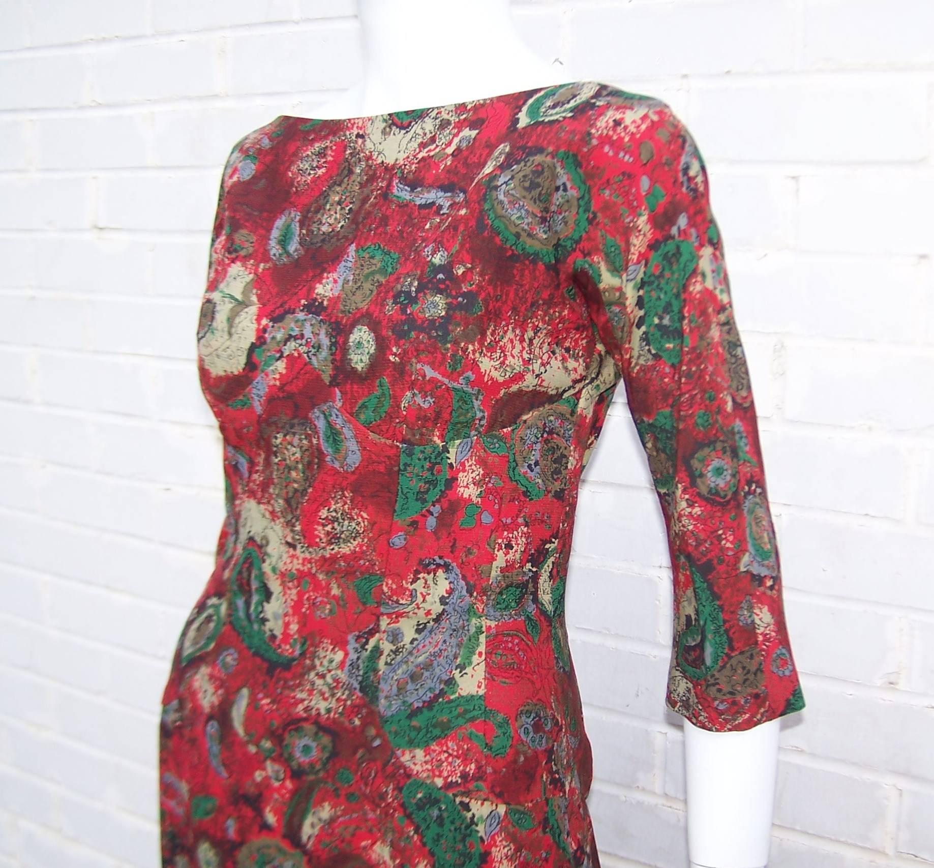 1950's Suzy Perette Abstract Paisley Print Dress With Bustle Kick Pleat & Hat 1