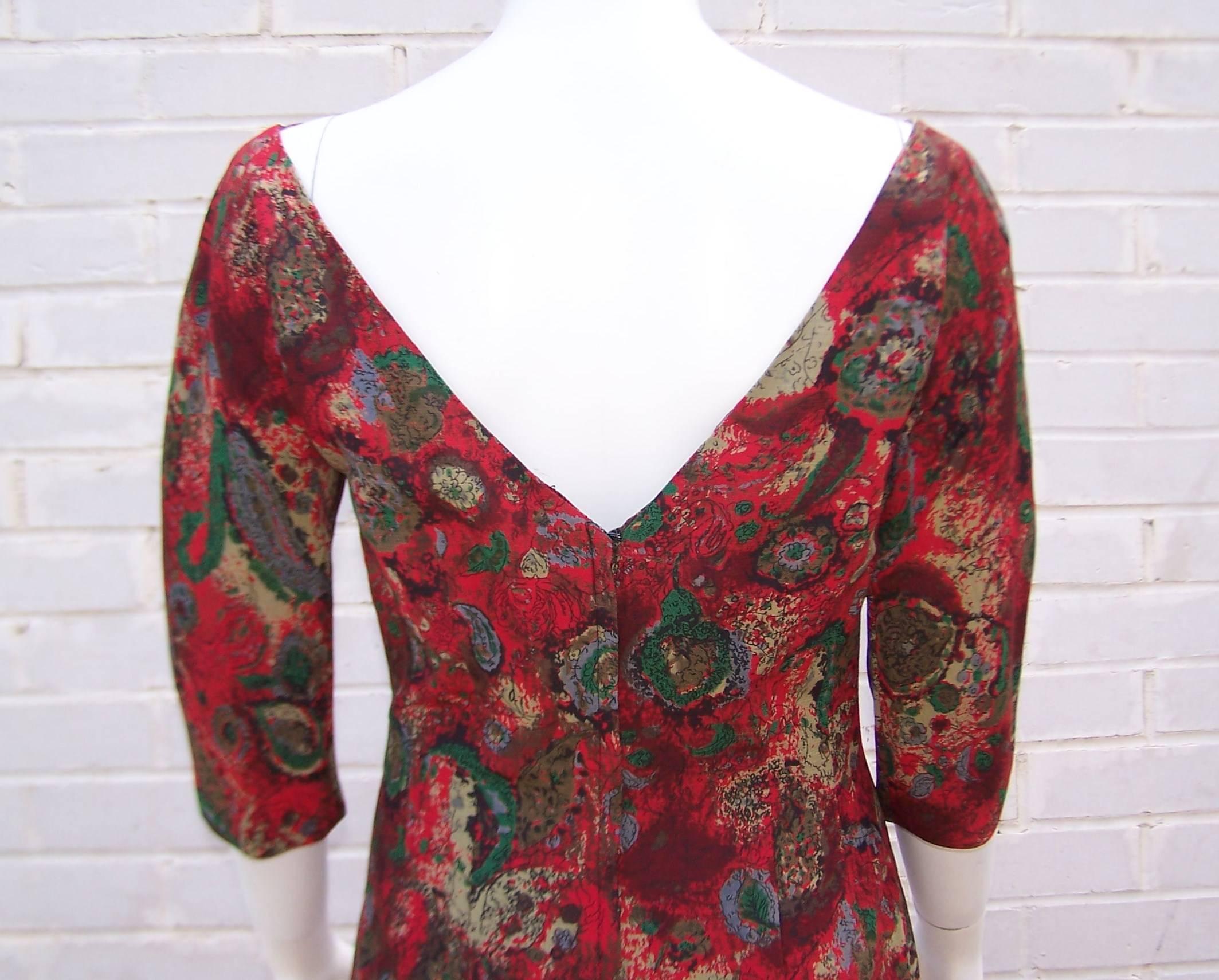 1950's Suzy Perette Abstract Paisley Print Dress With Bustle Kick Pleat & Hat 2