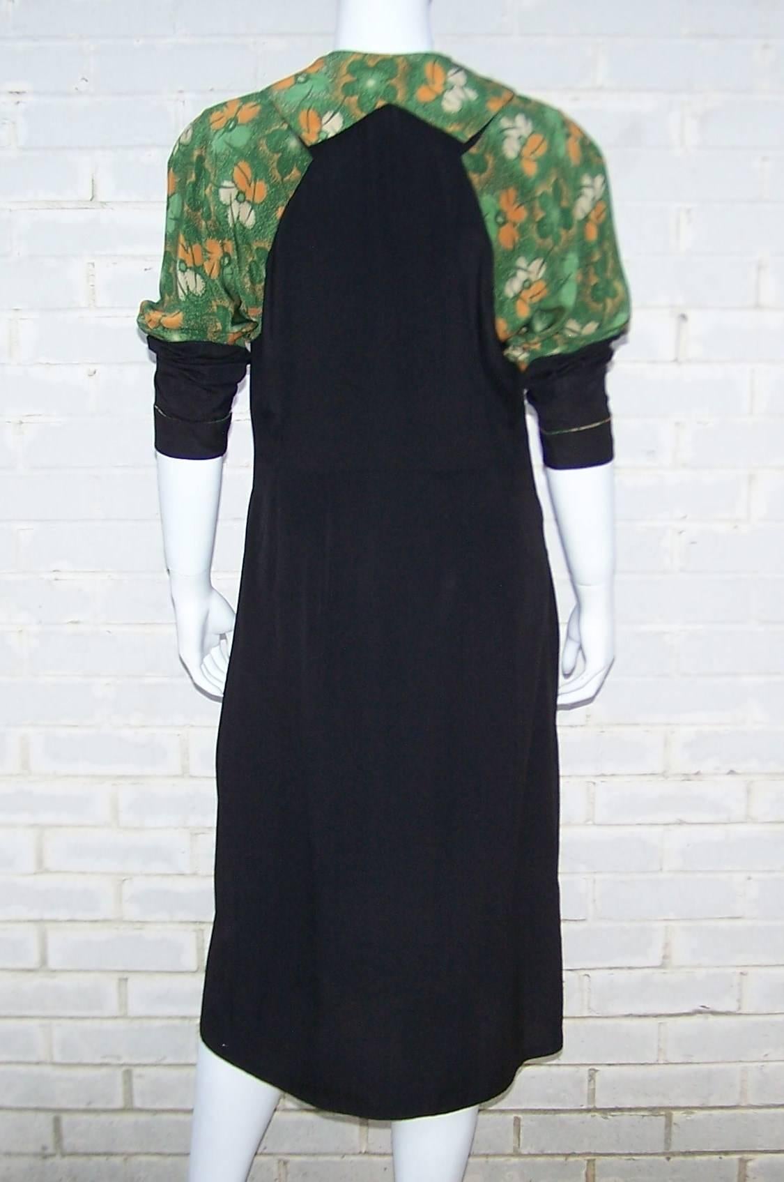 Women's 1920's Black Day Dress With Green Floral Bodice & Intricate Pin Tucking