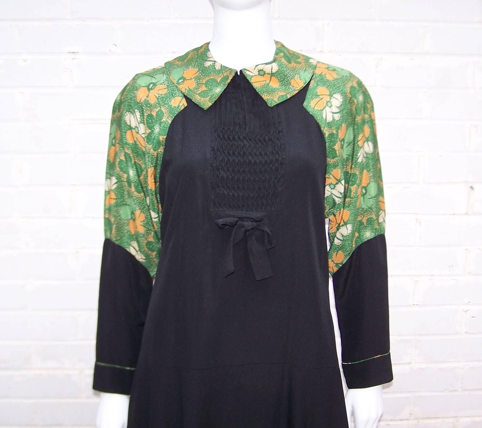 1920's Black Day Dress With Green Floral Bodice & Intricate Pin Tucking 1