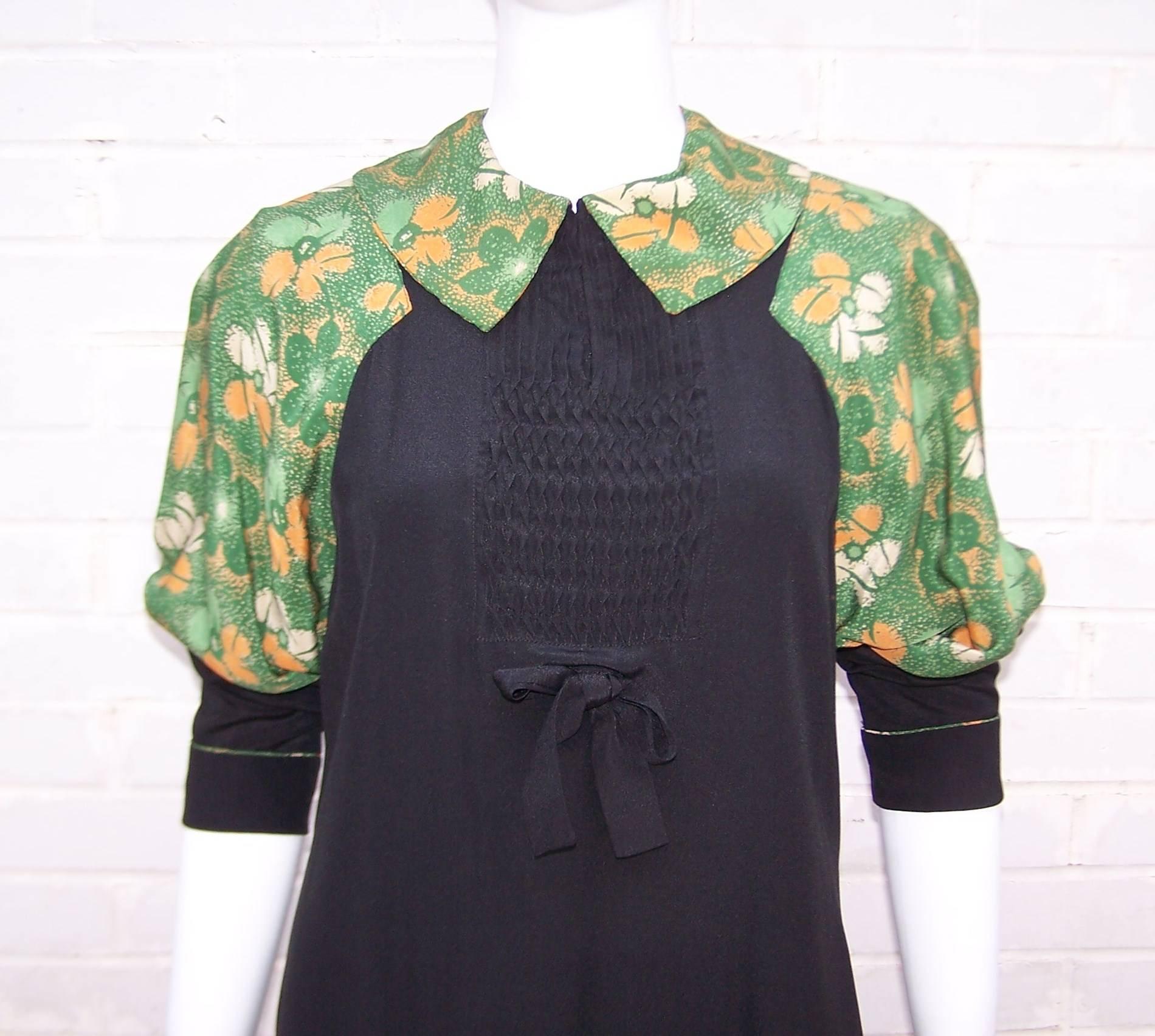 1920's Black Day Dress With Green Floral Bodice & Intricate Pin Tucking 2