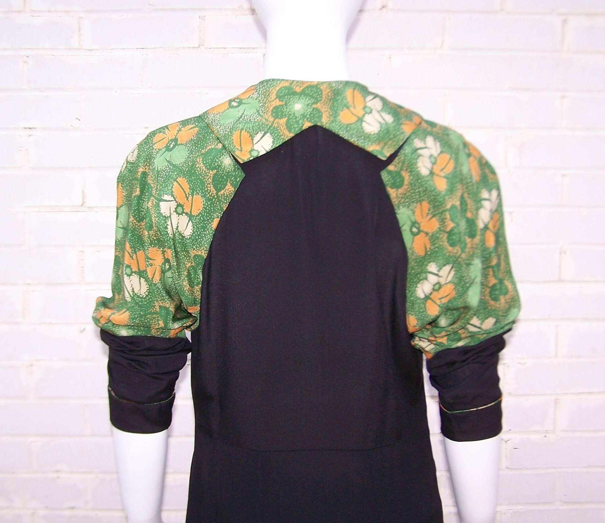 1920's Black Day Dress With Green Floral Bodice & Intricate Pin Tucking 4