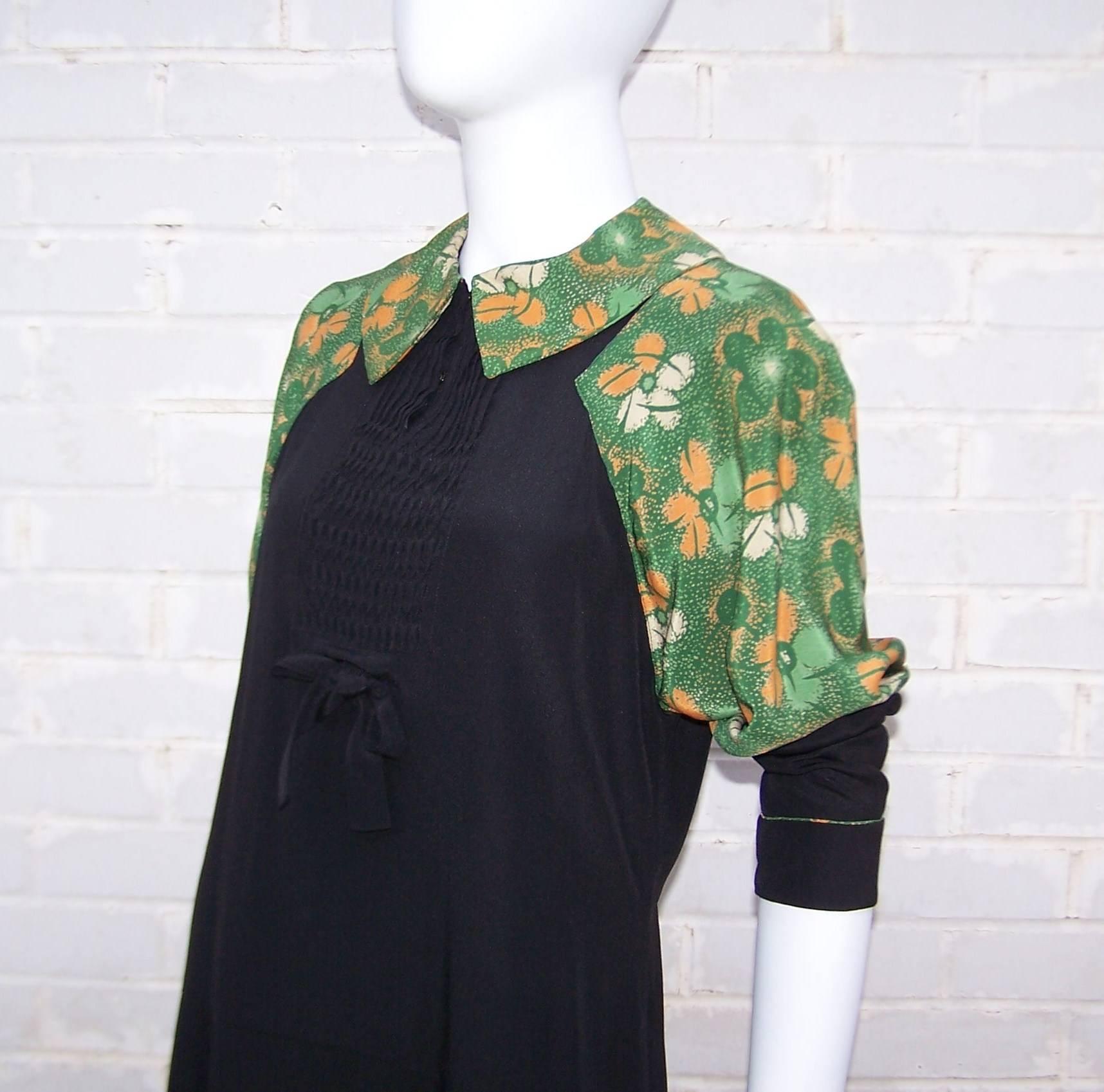 1920's Black Day Dress With Green Floral Bodice & Intricate Pin Tucking 3