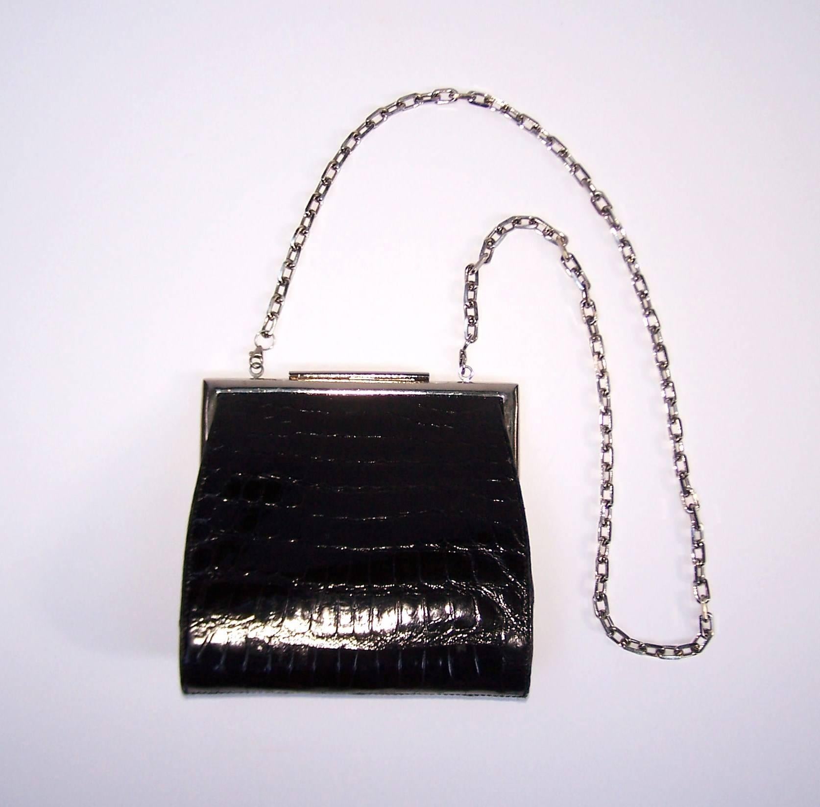 1990's Calvin Klein Black Alligator Biker Chic Handbag With Chunky Silver Chain 2