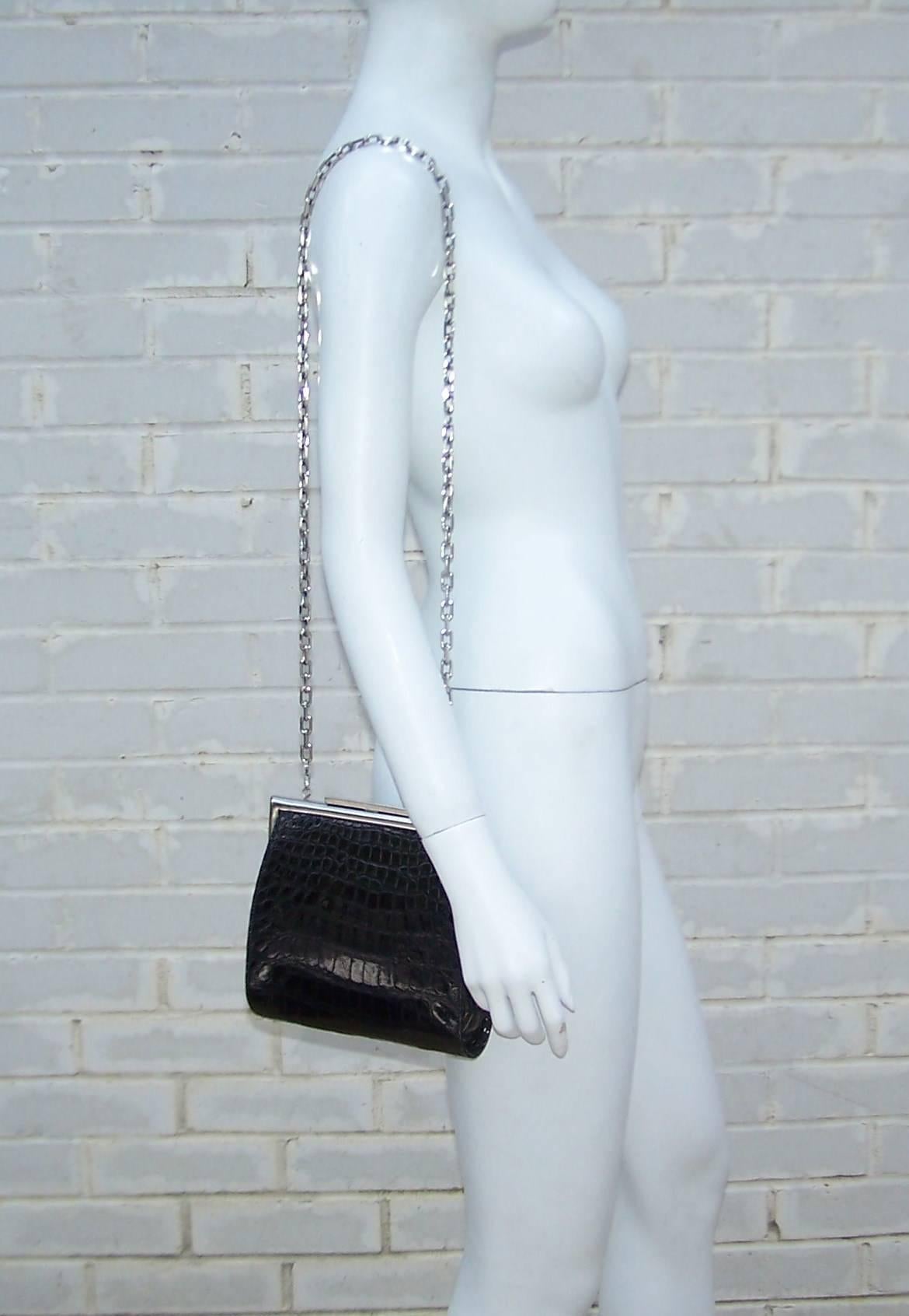 1990's Calvin Klein Black Alligator Biker Chic Handbag With Chunky Silver Chain In Excellent Condition In Atlanta, GA