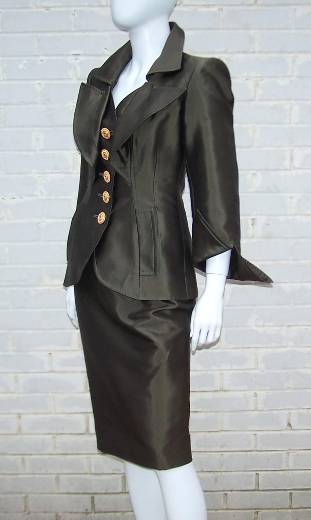 Black Opulently Goth 1980's Christian LaCroix Bronze Sateen Dress Suit