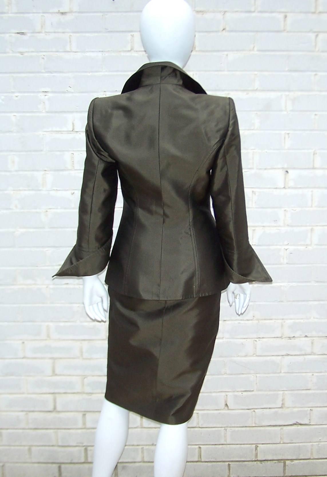 Opulently Goth 1980's Christian LaCroix Bronze Sateen Dress Suit In Excellent Condition In Atlanta, GA