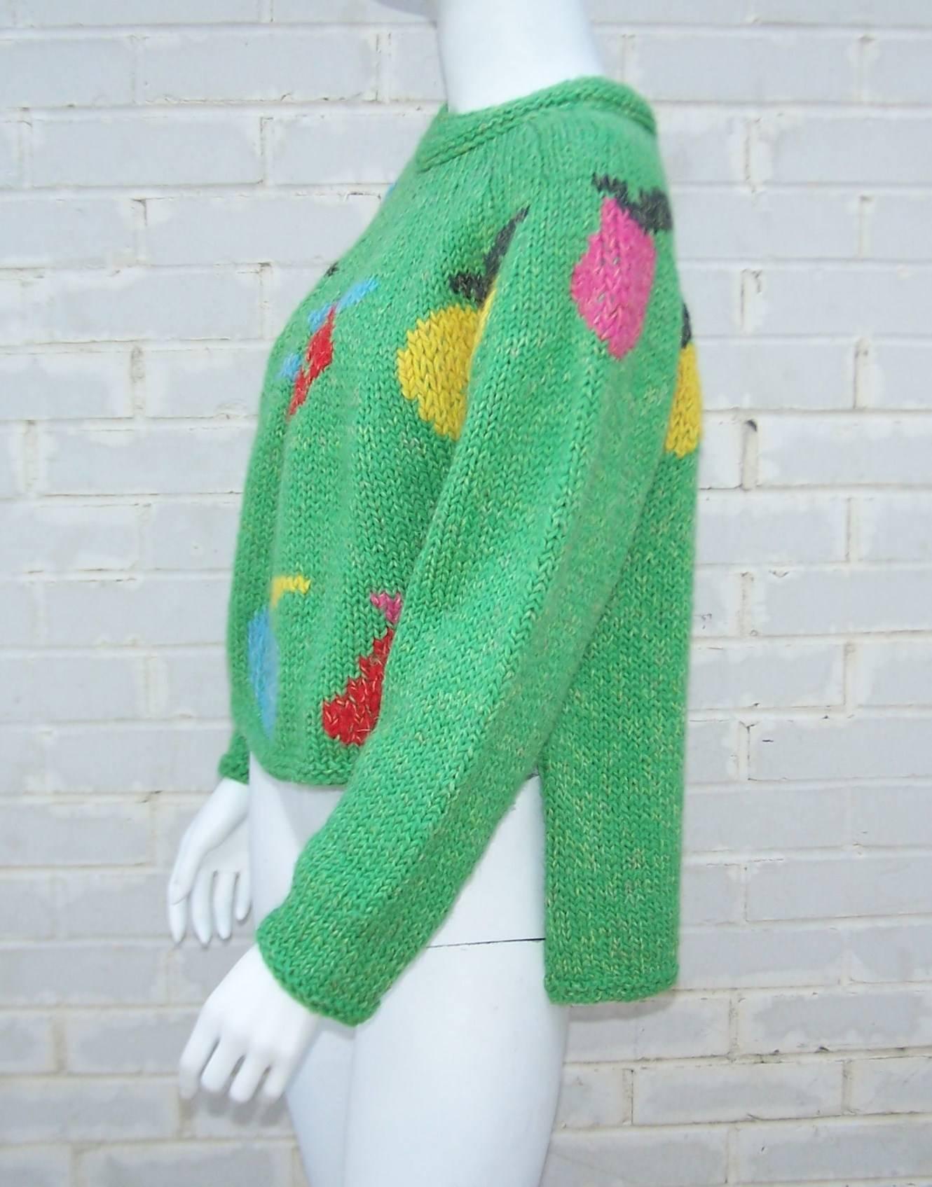 Fruity Fun 1980's Enrico Coveri Cropped Chunky Sweater With Long Tail In Excellent Condition In Atlanta, GA