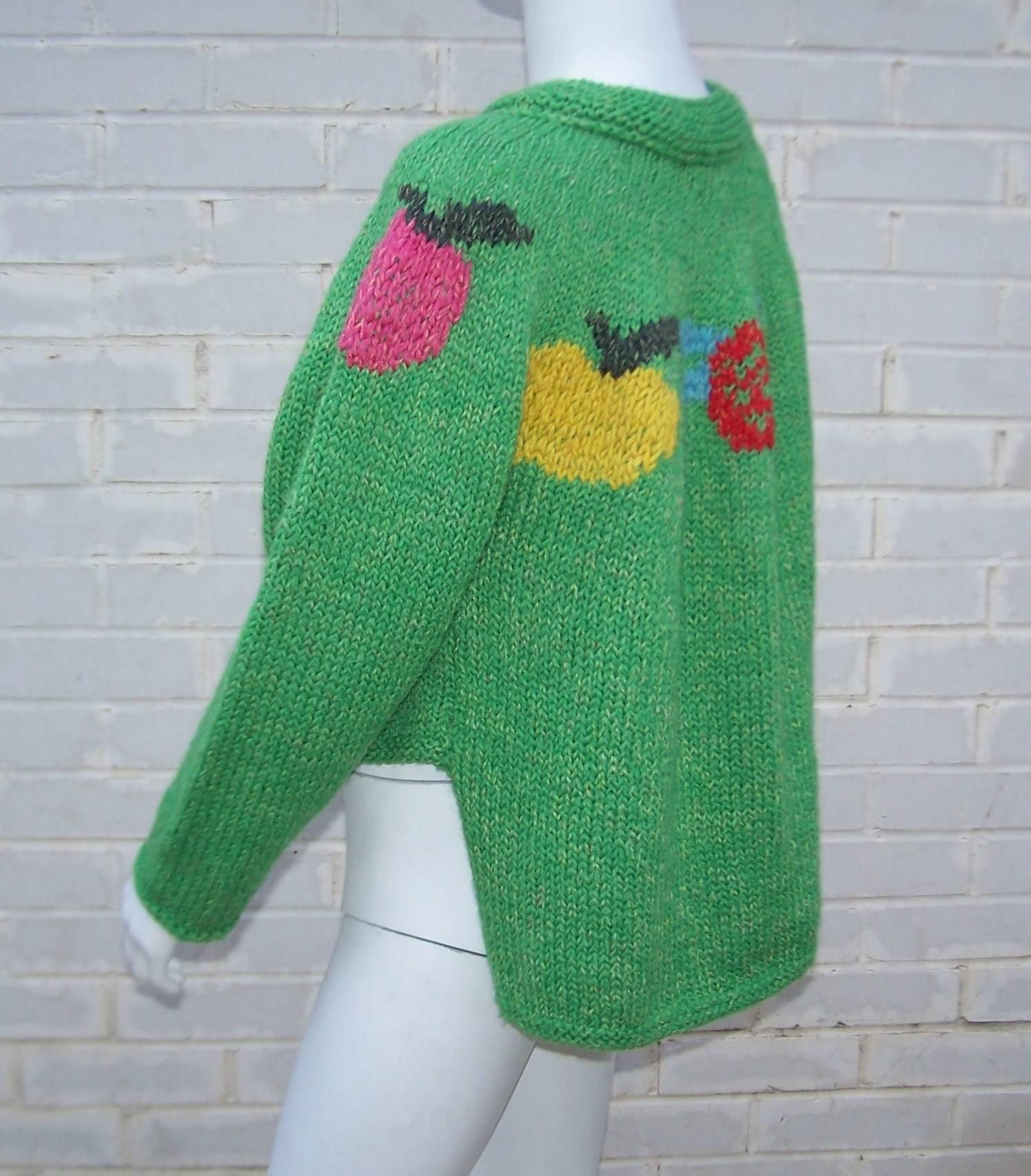 Women's Fruity Fun 1980's Enrico Coveri Cropped Chunky Sweater With Long Tail