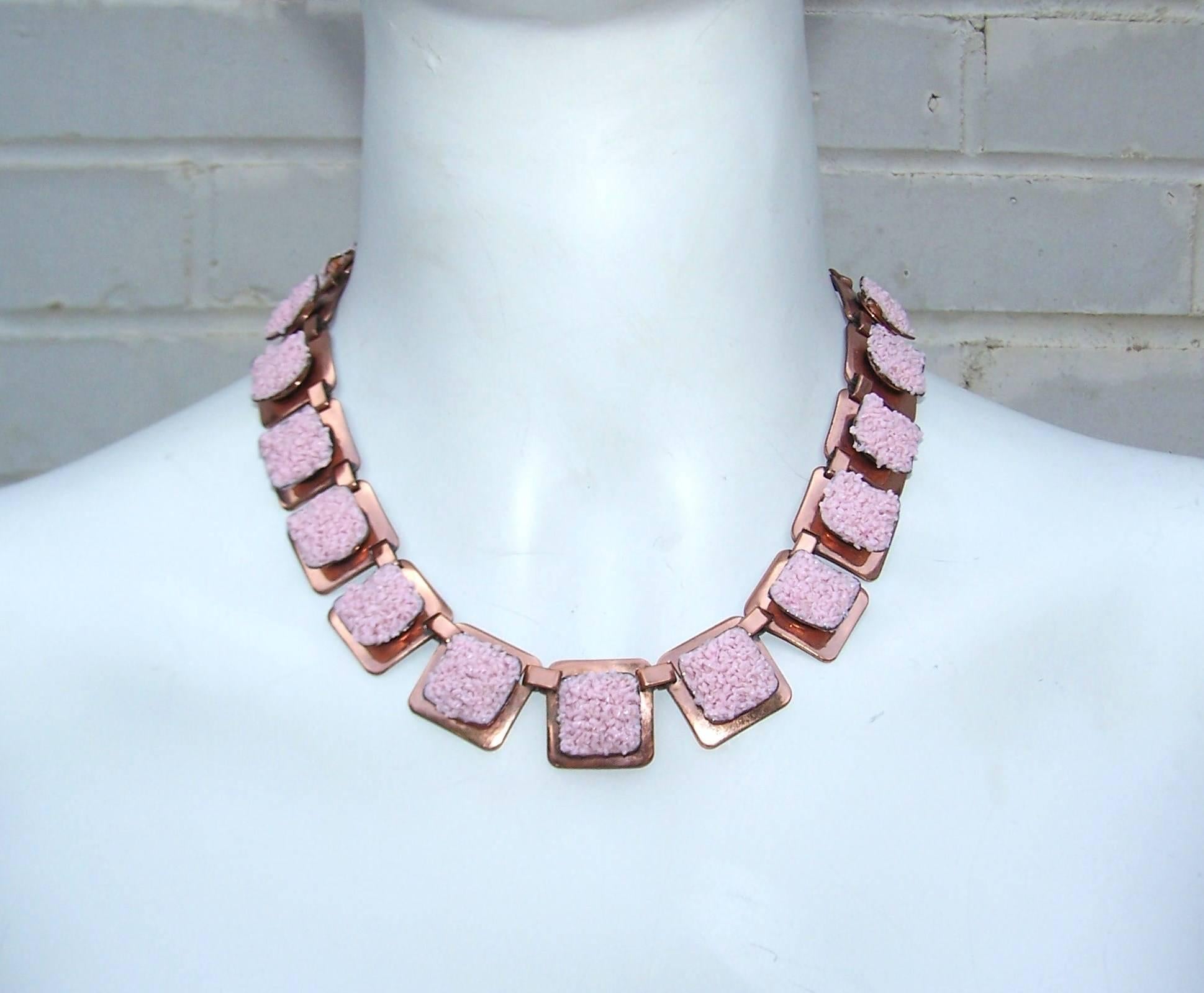 Women's 1950's Matisse Copper & Pink Pebble Enamel Choker Style Necklace