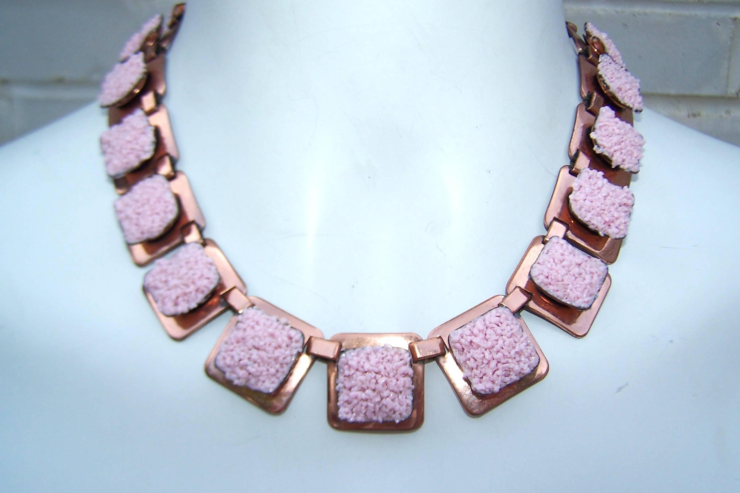 1950's Matisse Copper & Pink Pebble Enamel Choker Style Necklace 1