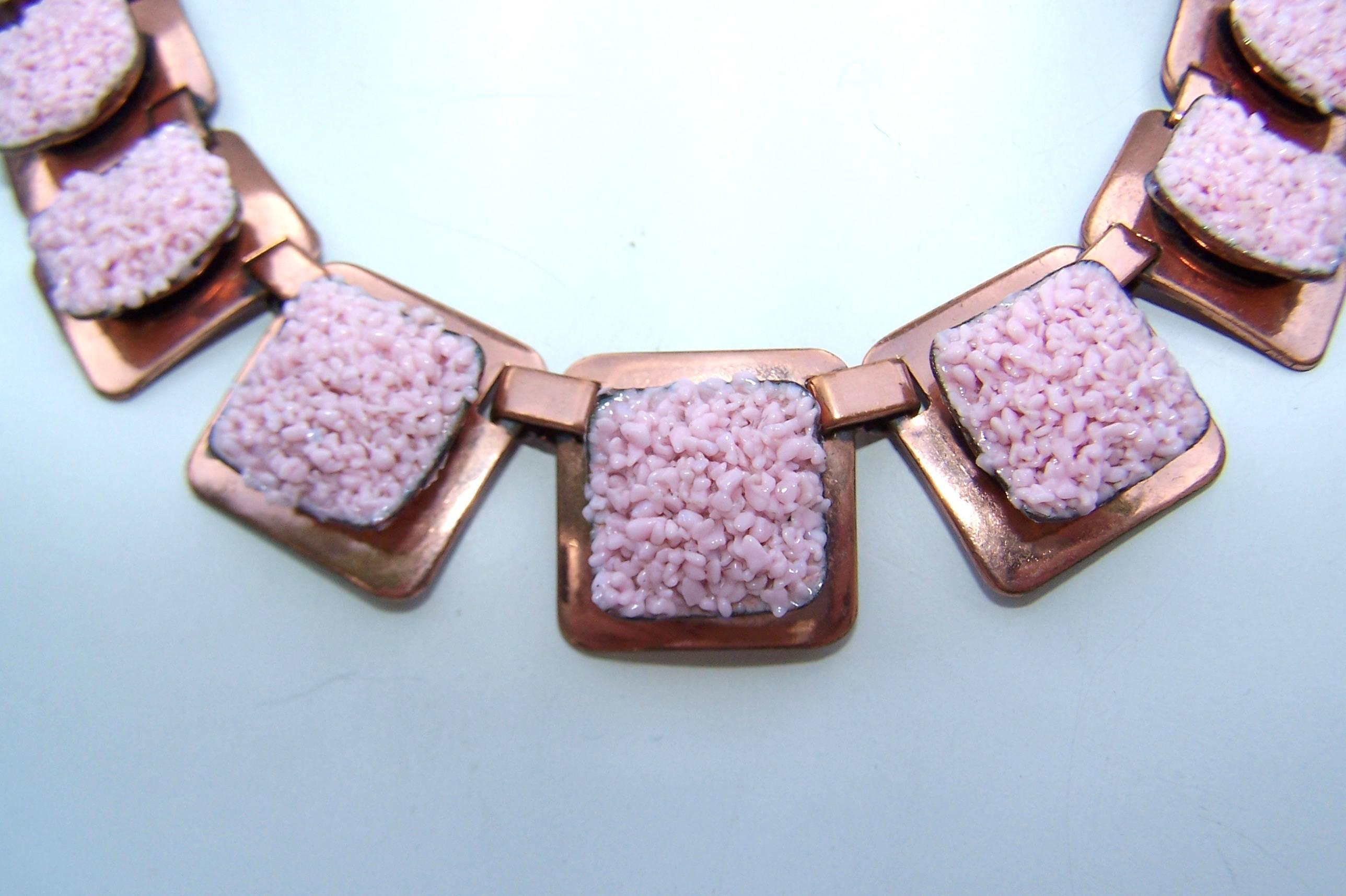 1950's Matisse Copper & Pink Pebble Enamel Choker Style Necklace 2