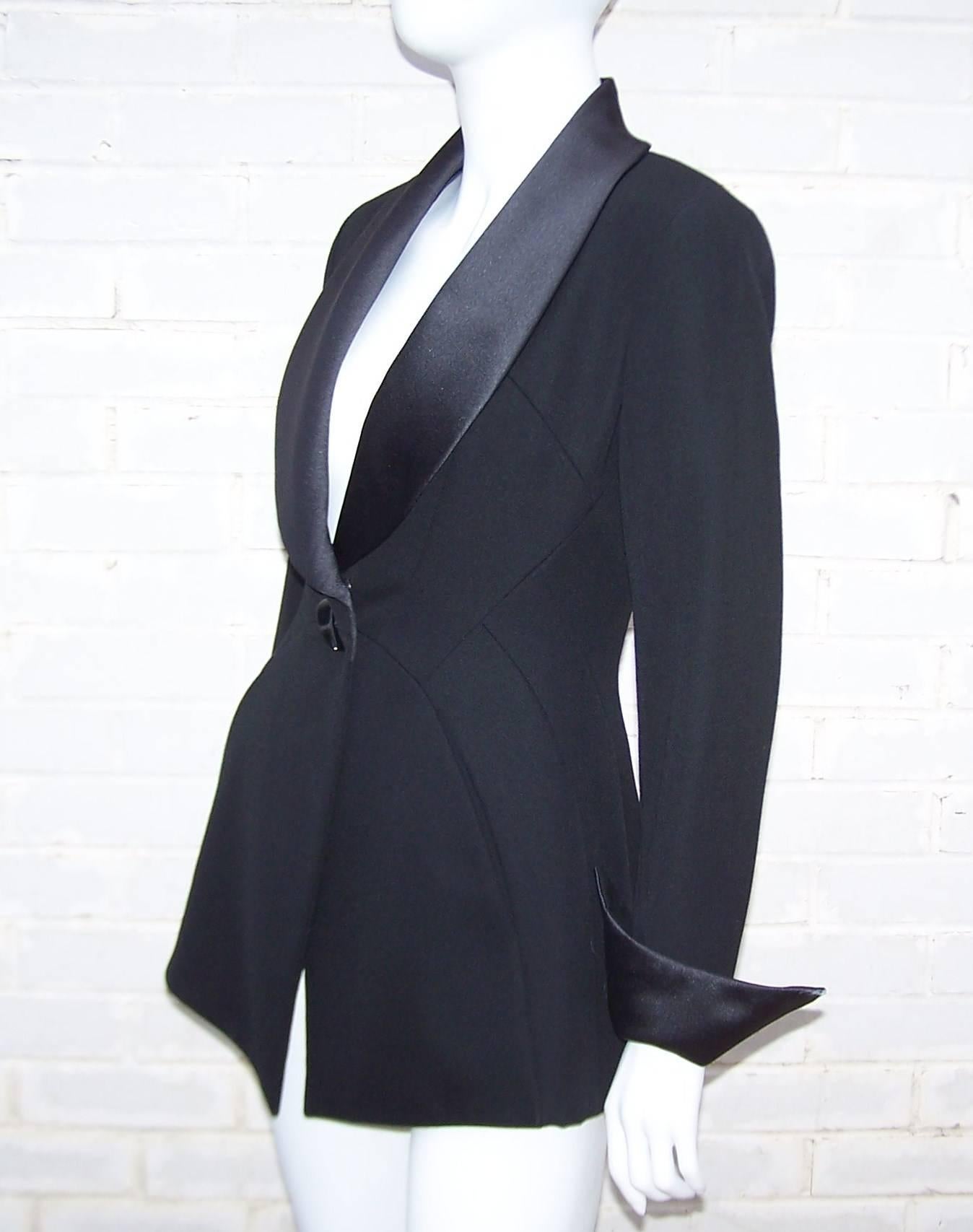 Black Androgynous 1980's Claude Montana Tuxedo Jacket With Satin Lapel and Cuffs