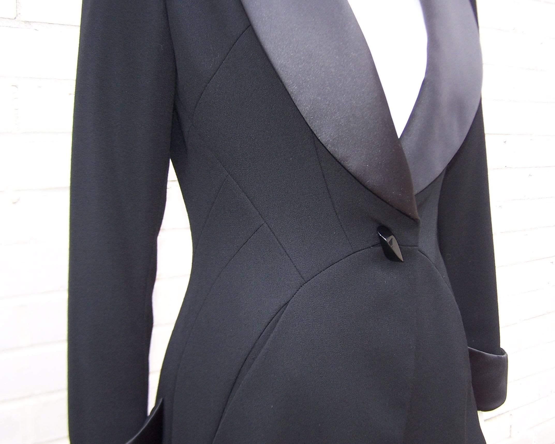 Women's or Men's Androgynous 1980's Claude Montana Tuxedo Jacket With Satin Lapel and Cuffs