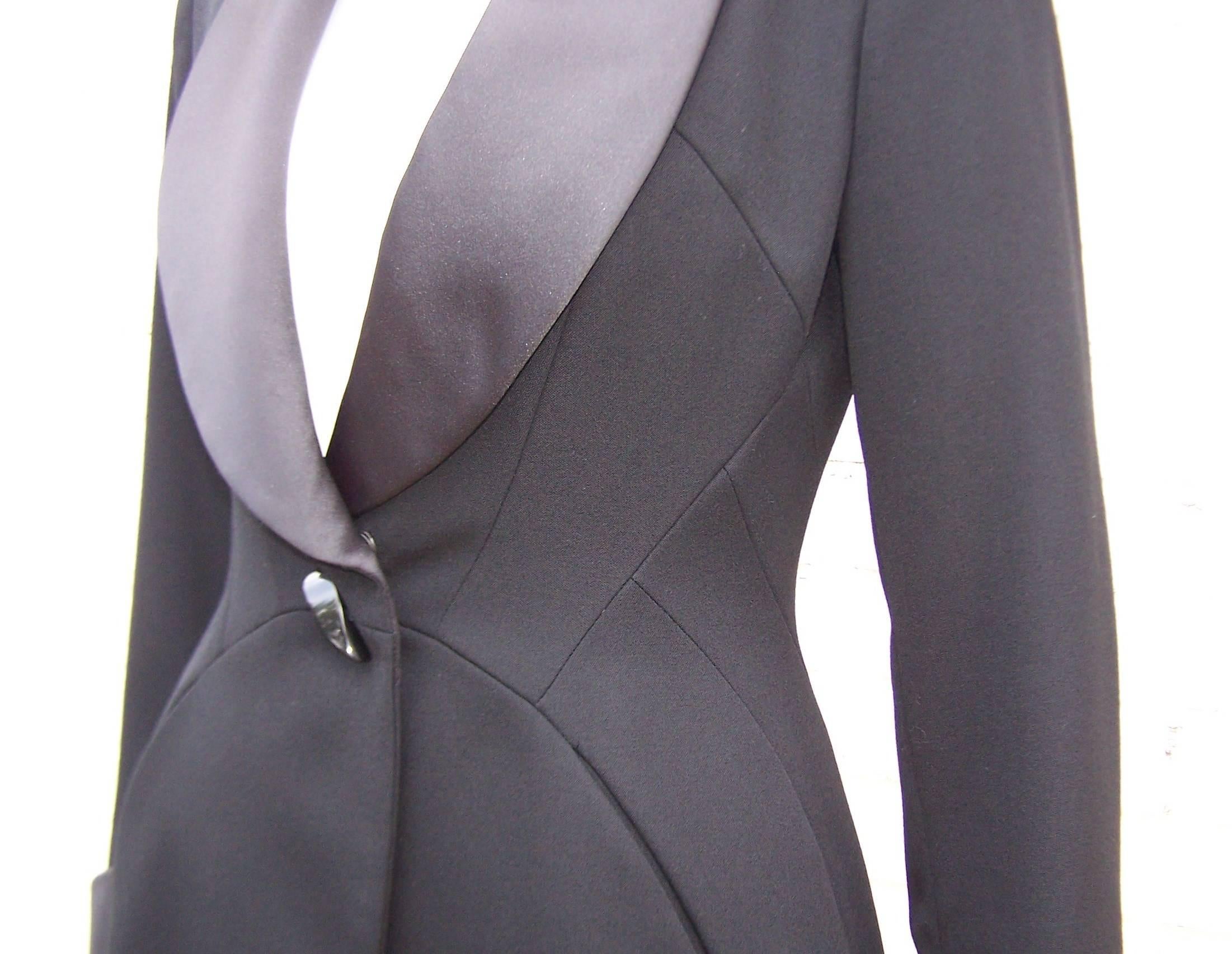 Androgynous 1980's Claude Montana Tuxedo Jacket With Satin Lapel and Cuffs 1