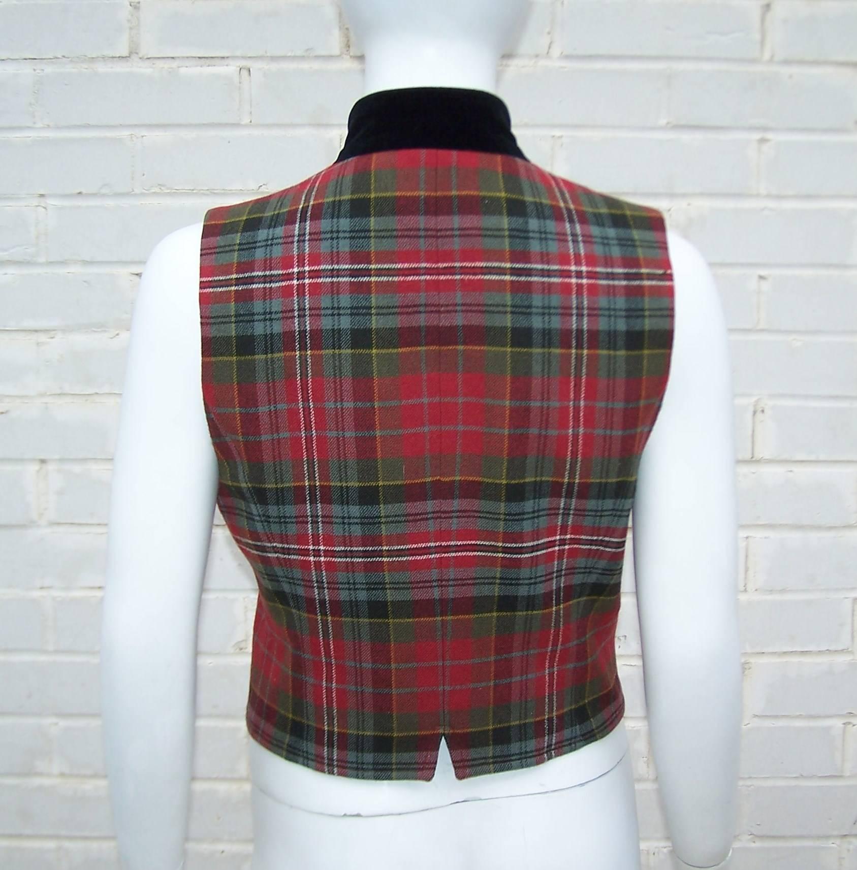 Brown C.1990 Ralph Lauren Military Style Plaid & Velvet Wool Vest