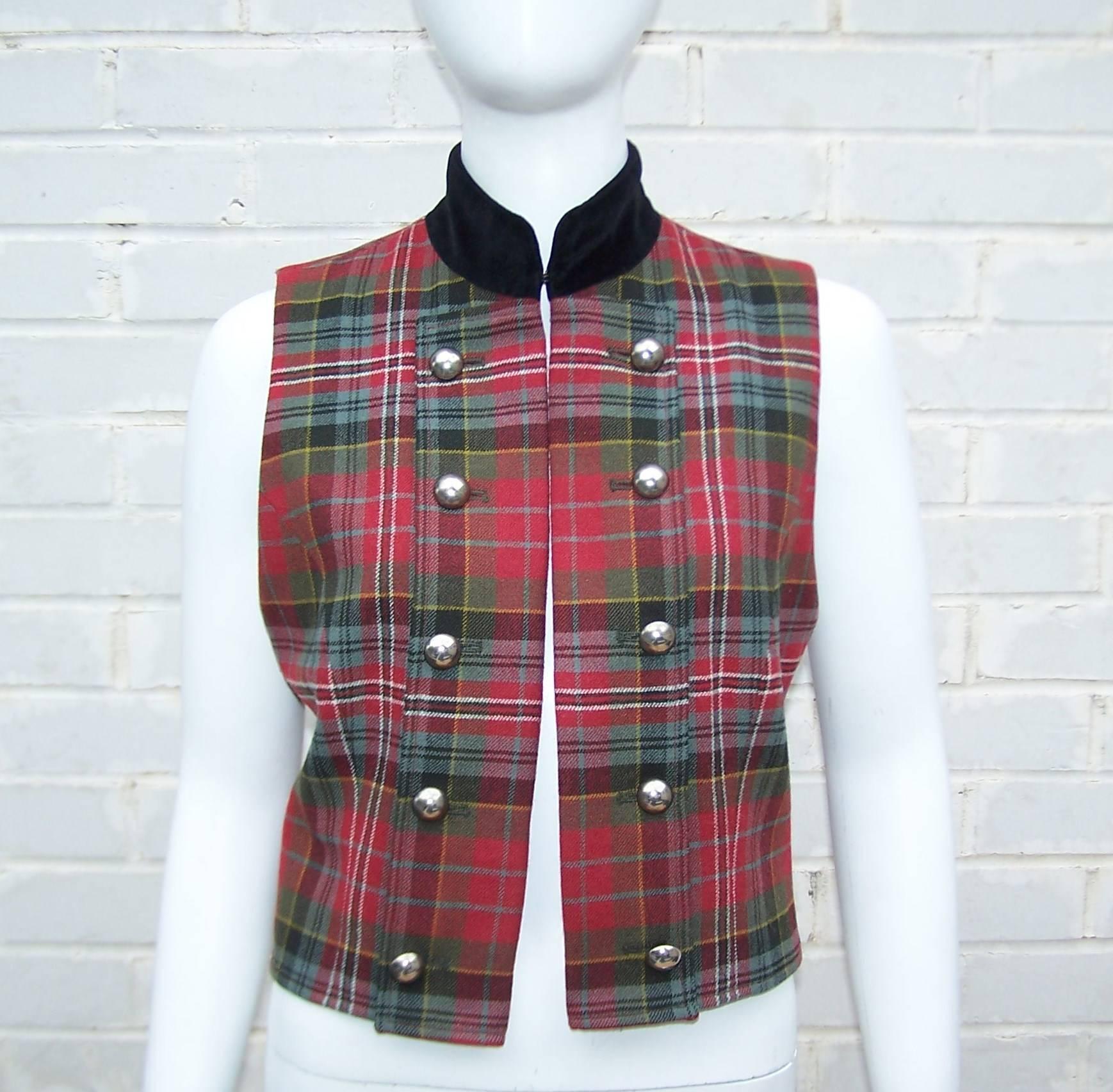 C.1990 Ralph Lauren Military Style Plaid & Velvet Wool Vest 1
