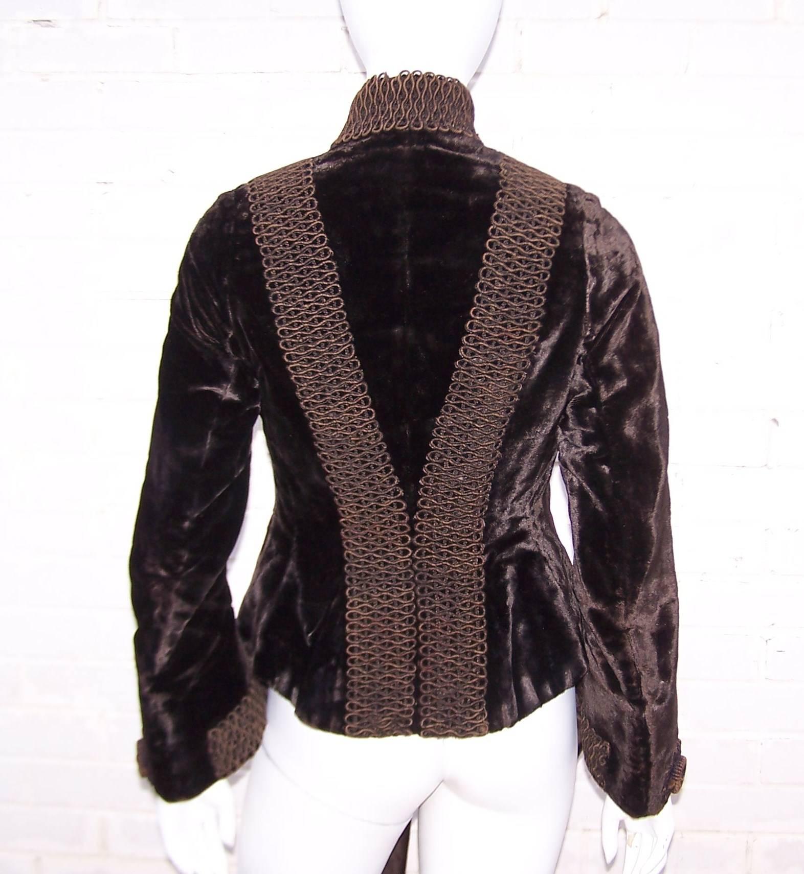 Black Amazing C.1900 Victorian Velvet Mantle Coat With Soutache & Lappet Tails